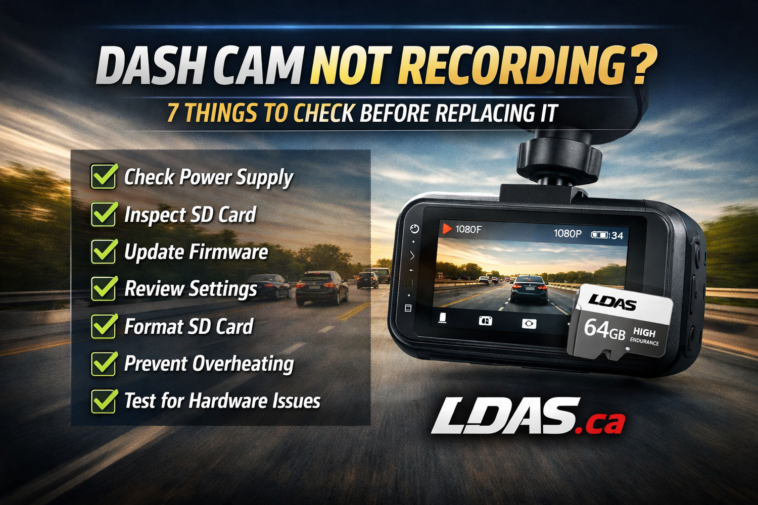 LDAS.ca dash cam not recording guide—7 things to check: power supply, SD card, firmware, settings, format SD card, prevent overheating, and test hardware issues.
