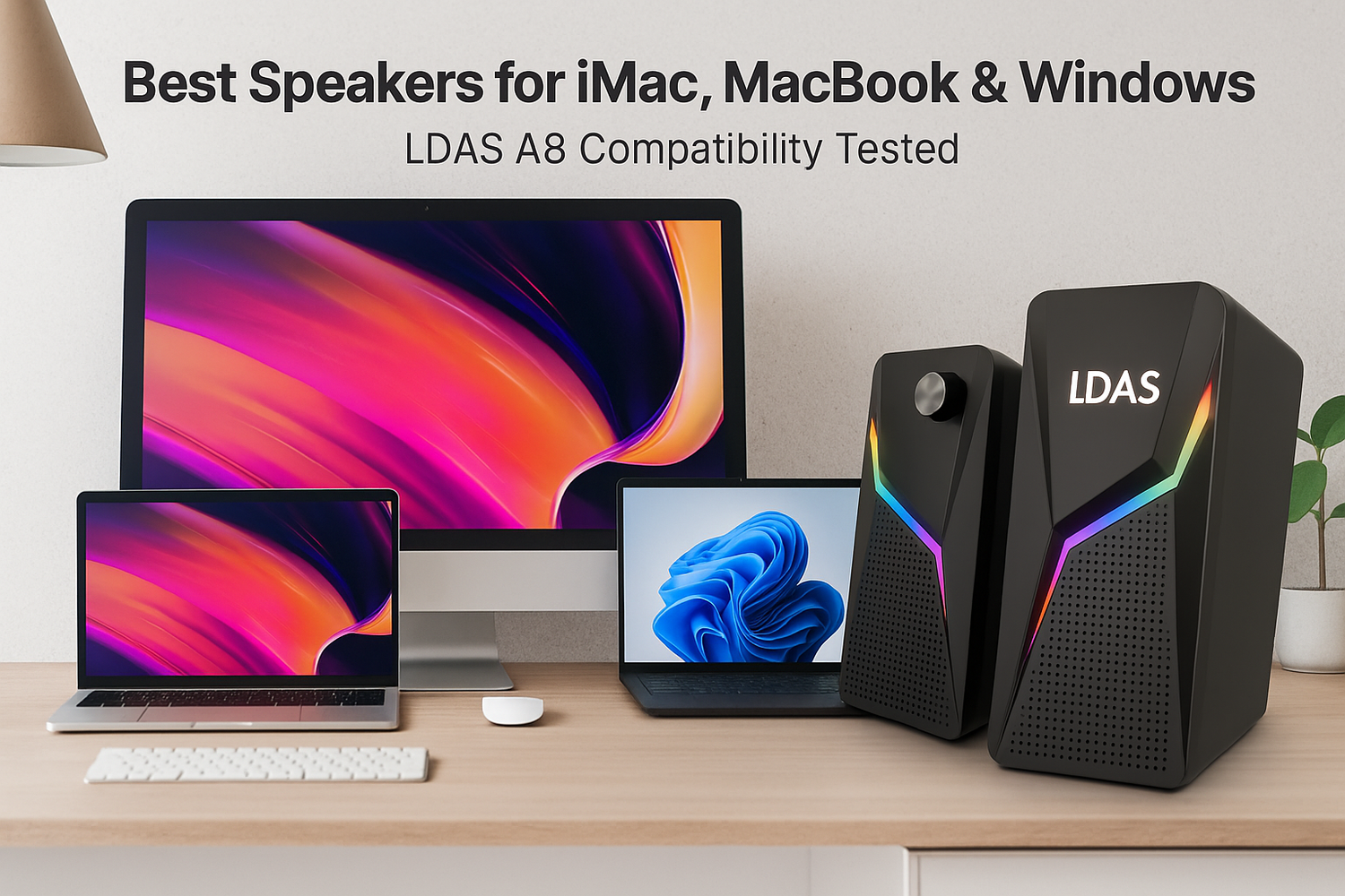 LDAS A8 RGB desktop speakers on a wooden desk beside an iMac, MacBook, and Windows laptop, demonstrating cross-platform compatibility in a modern workspace.