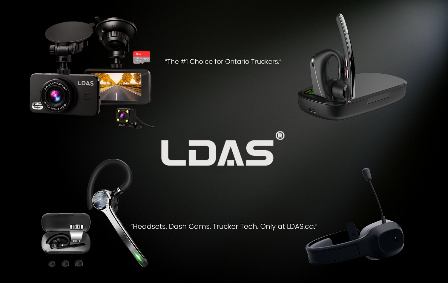 LDAS.ca product collage featuring trucker Bluetooth headsets and dash cam with brand logo and marketing quotes.
