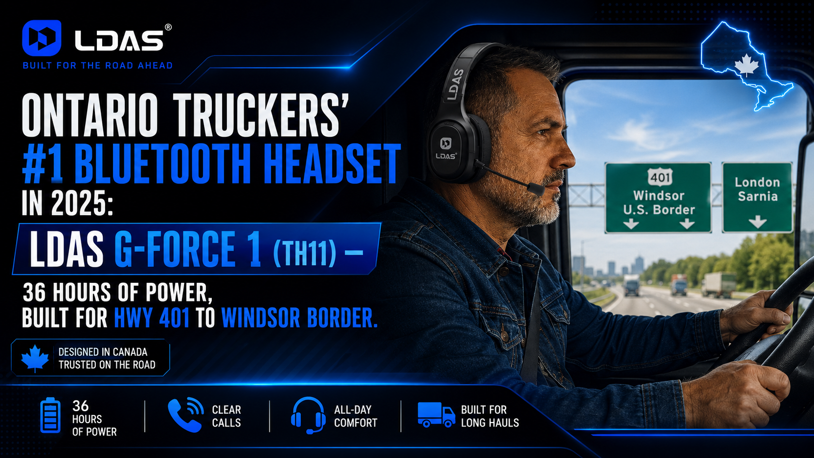 LDAS TH11 Bluetooth headset for Ontario truckers, featuring 36 hours of power, clear calls, and all-day comfort for Hwy 401 and Windsor border routes.