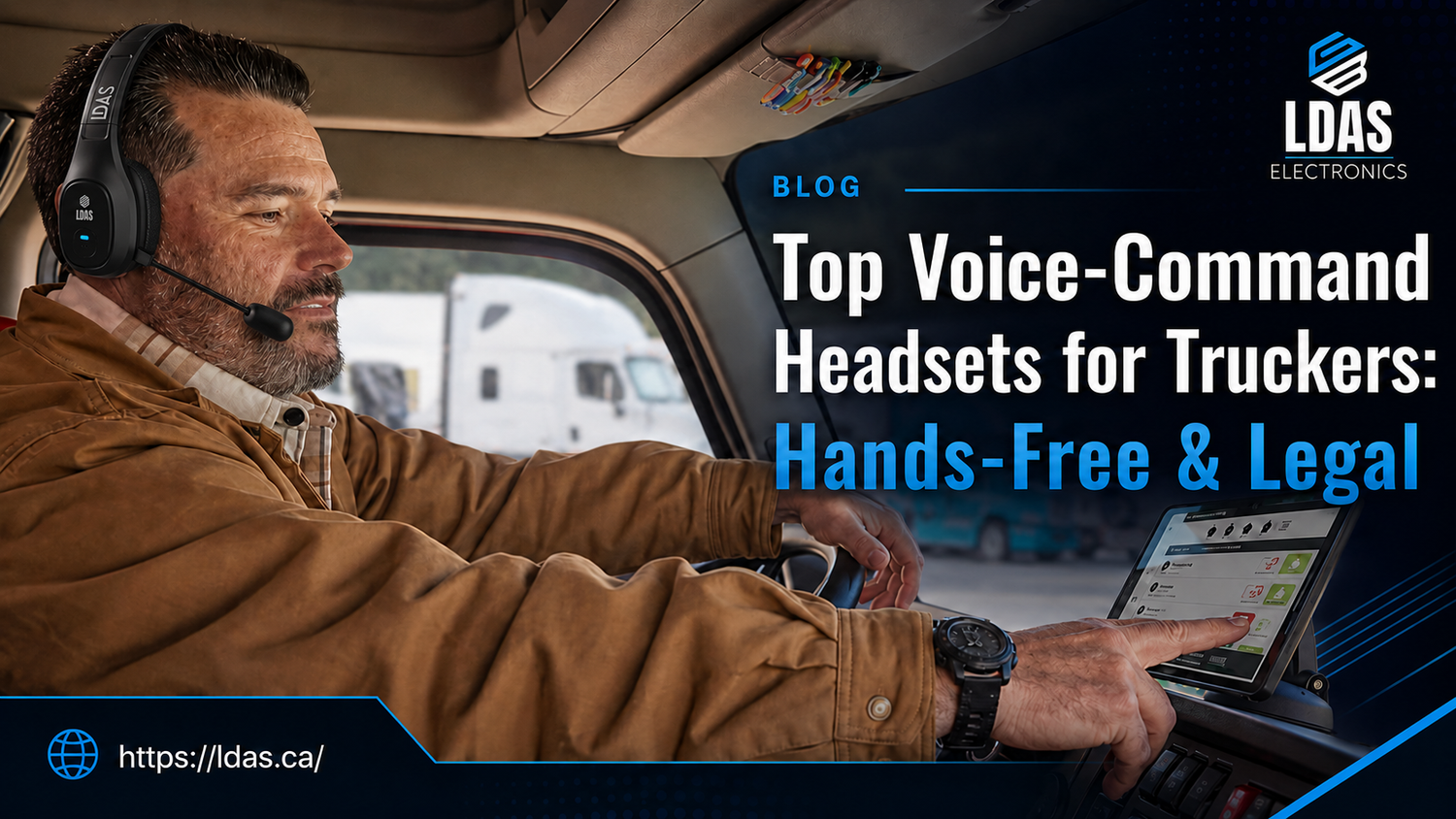 Truck driver in a semi-truck cab using a tablet while wearing an LDAS voice-command Bluetooth headset, with blog text reading “Top Voice-Command Headsets for Truckers: Hands-Free & Legal.”