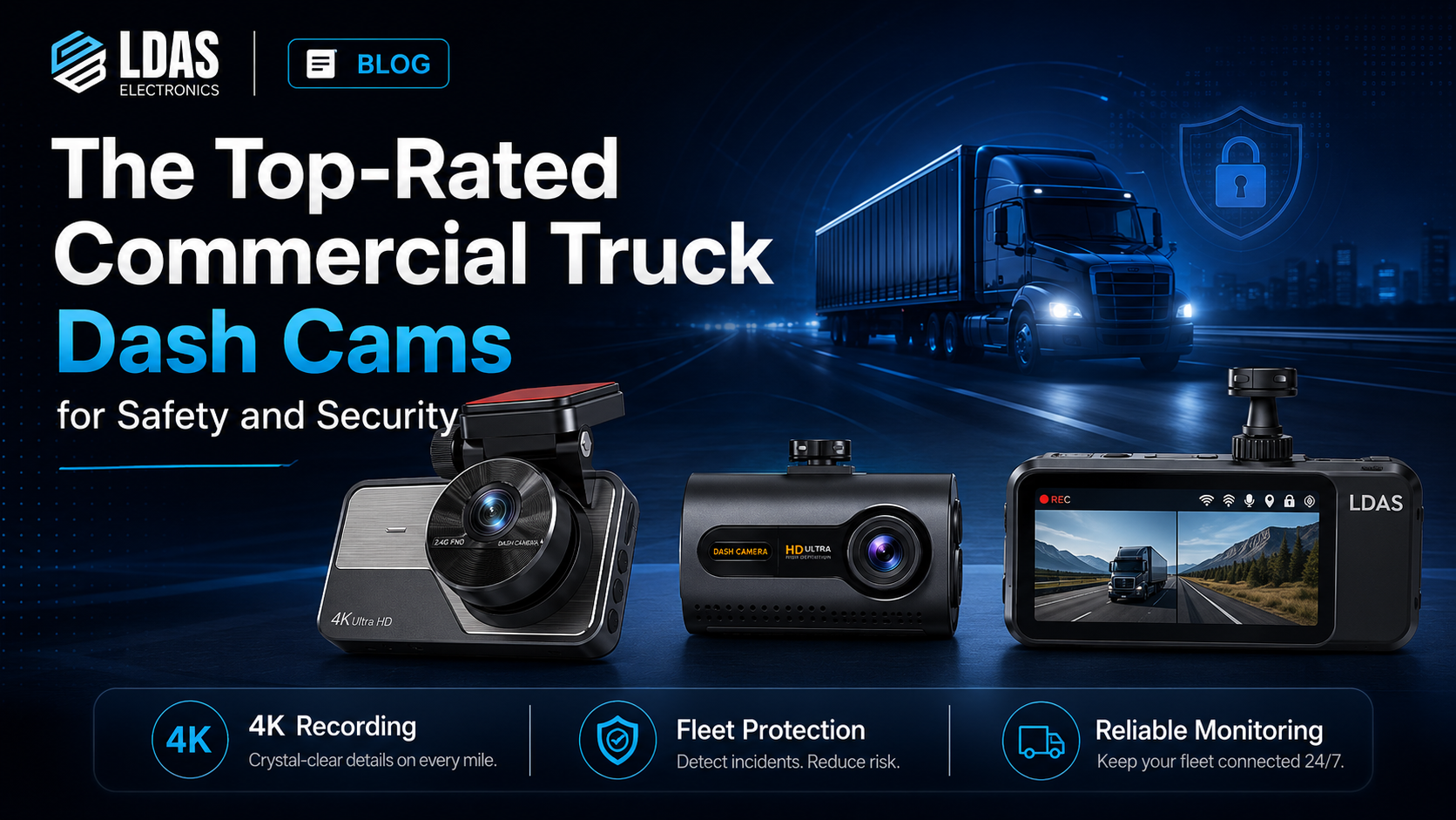 LDAS blog banner about top-rated commercial truck dash cams, featuring three dash cam models and a semi-truck on a blue night highway background.