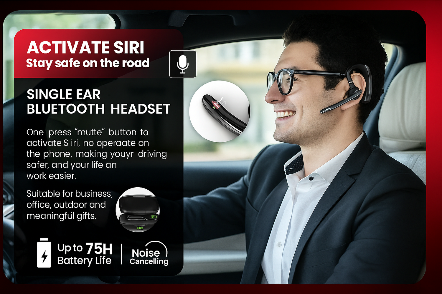 Man driving with LDAS G10 Bluetooth headset using Siri activation, featuring 75-hour battery life and noise cancelling message.