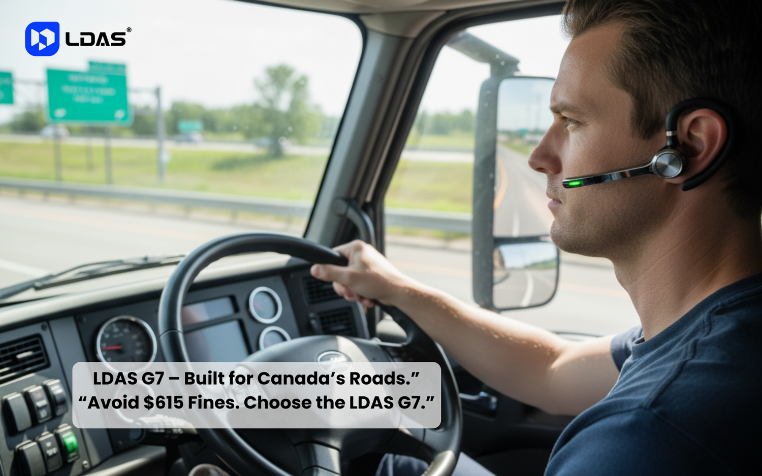 Ontario truck driver wearing the LDAS G7 single-ear Bluetooth headset while steering a truck on Hwy 401, with promotional overlay text “LDAS G7 – Built for Canada’s Roads. Avoid $615 Fines. Choose the LDAS G7.”