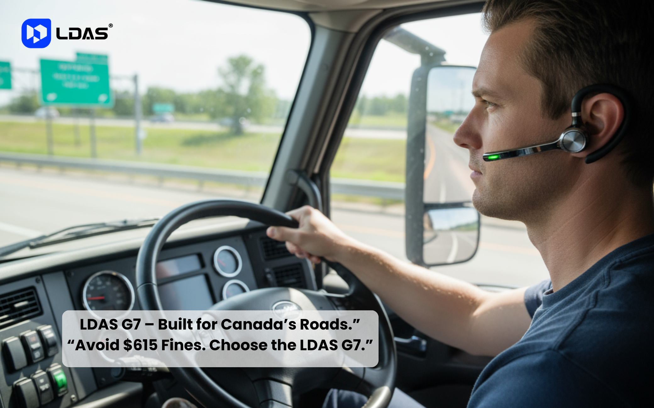 Ontario truck driver wearing the LDAS G7 single-ear Bluetooth headset while steering a truck on Hwy 401, with promotional overlay text “LDAS G7 – Built for Canada’s Roads. Avoid $615 Fines. Choose the LDAS G7.”