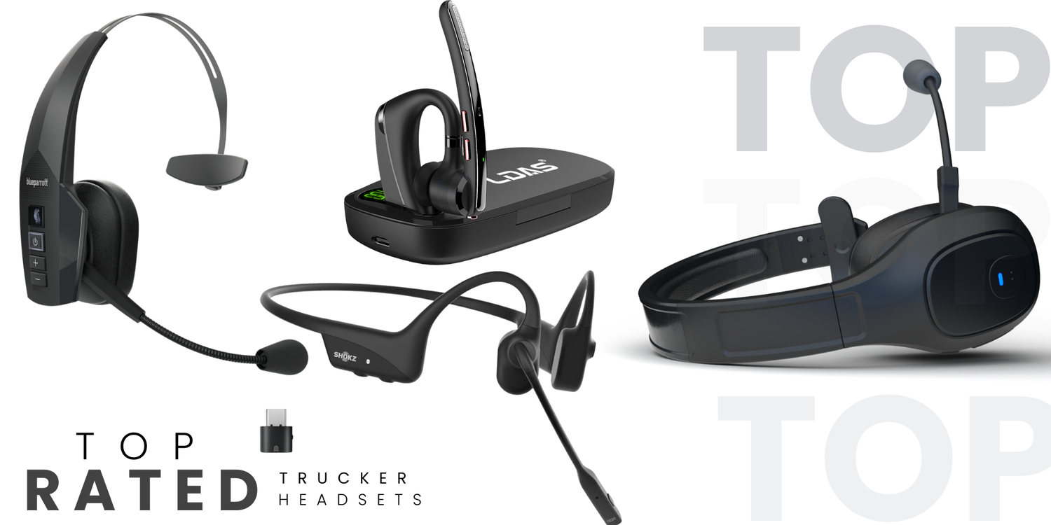 Top rated trucker headsets comparison graphic featuring BlueParrott, Shokz, and LDAS headsets with “TOP RATED” text