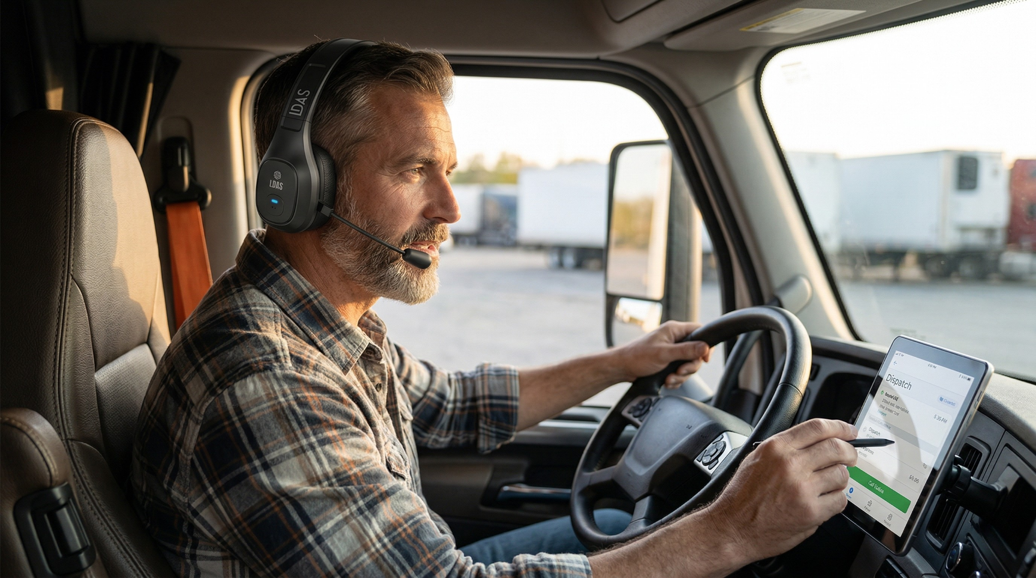 Truck driver wearing an LDAS headset beside a semi truck while taking a clear dispatch call at a rest stop