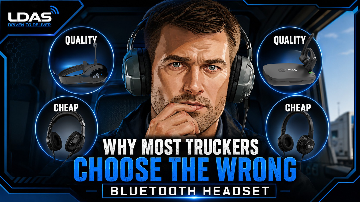 LDAS graphic titled “Why Most Truckers Choose the Wrong Bluetooth Headset,” showing a truck driver comparing quality and cheap headset options.