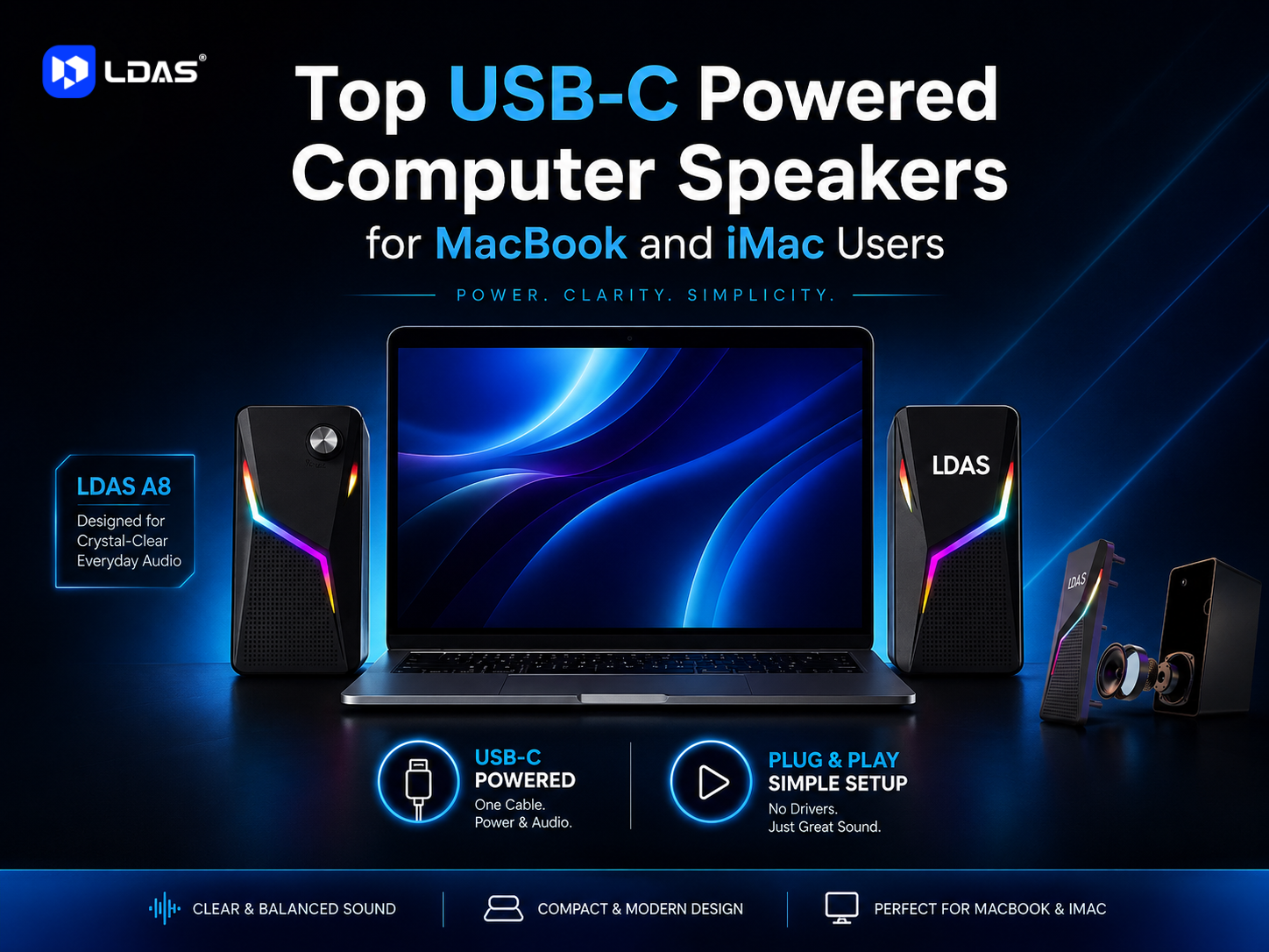 LDAS A8 USB-C computer speakers shown with a MacBook in a blue-and-black tech layout, highlighting plug-and-play setup, balanced sound, and MacBook/iMac compatibility.