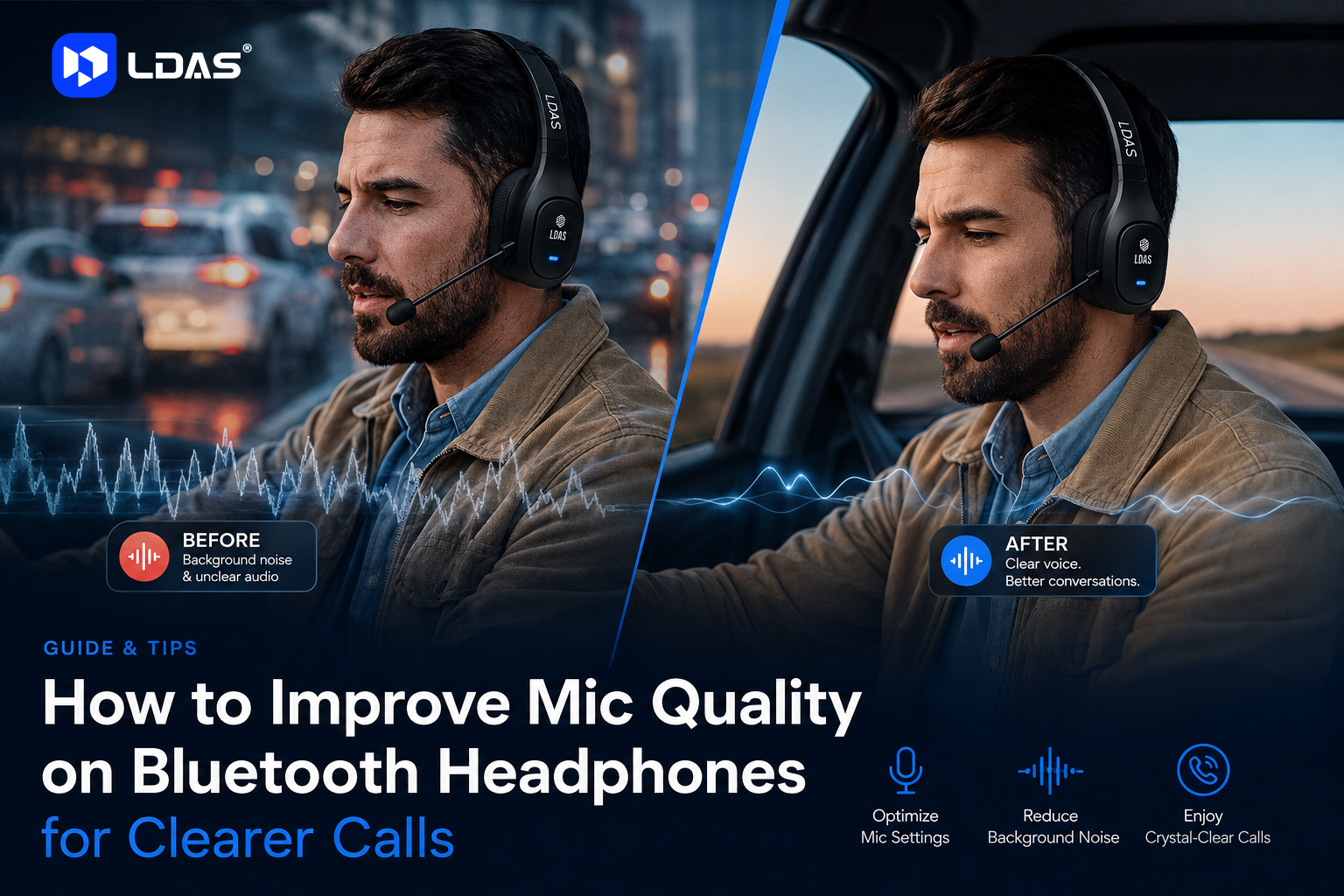 Bluetooth headset comparison showing improved mic clarity in noisy and quiet driving environments.