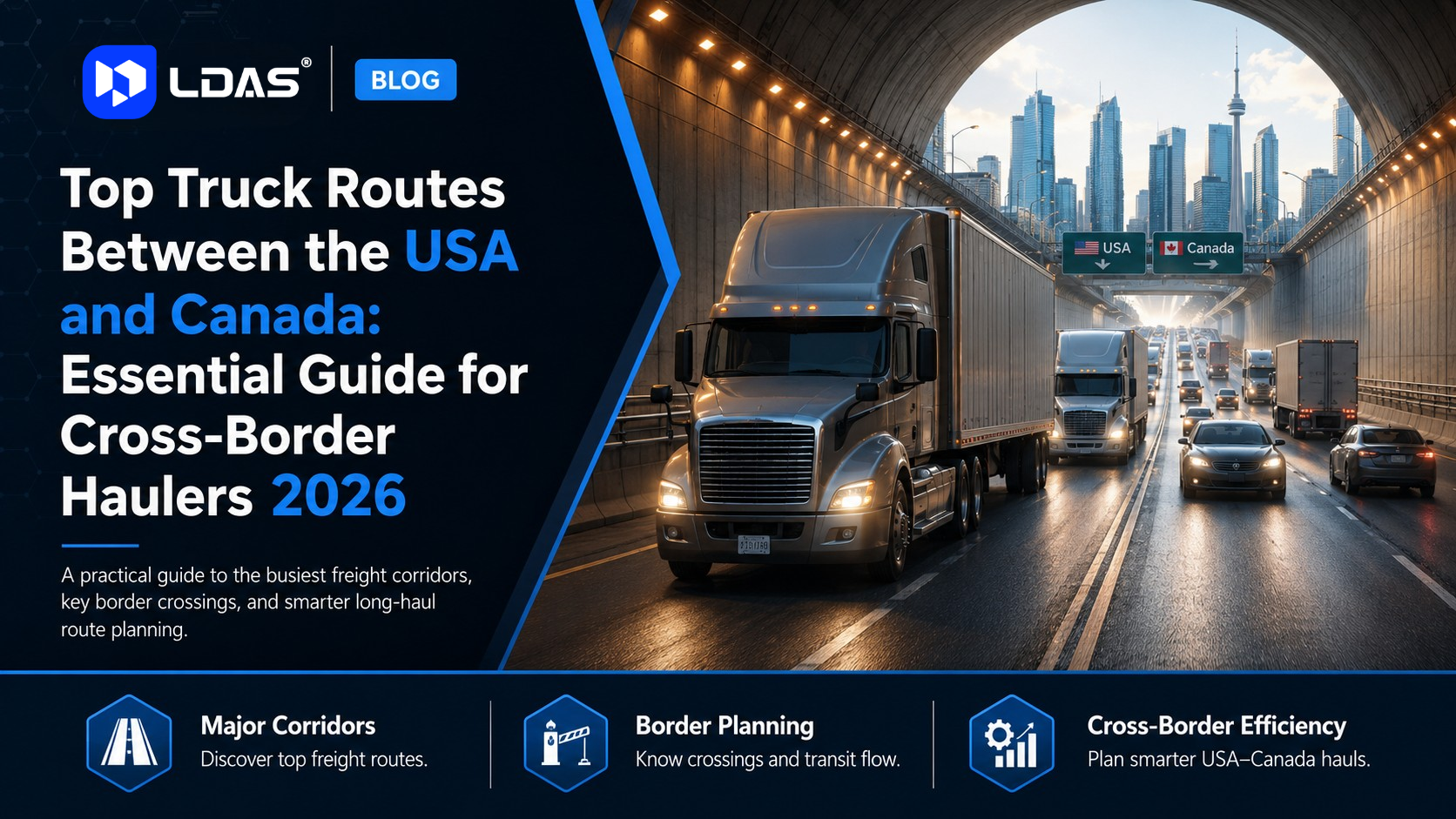 LDAS blog banner about top truck routes between the USA and Canada, featuring semi-trucks driving through a tunnel toward a city skyline.