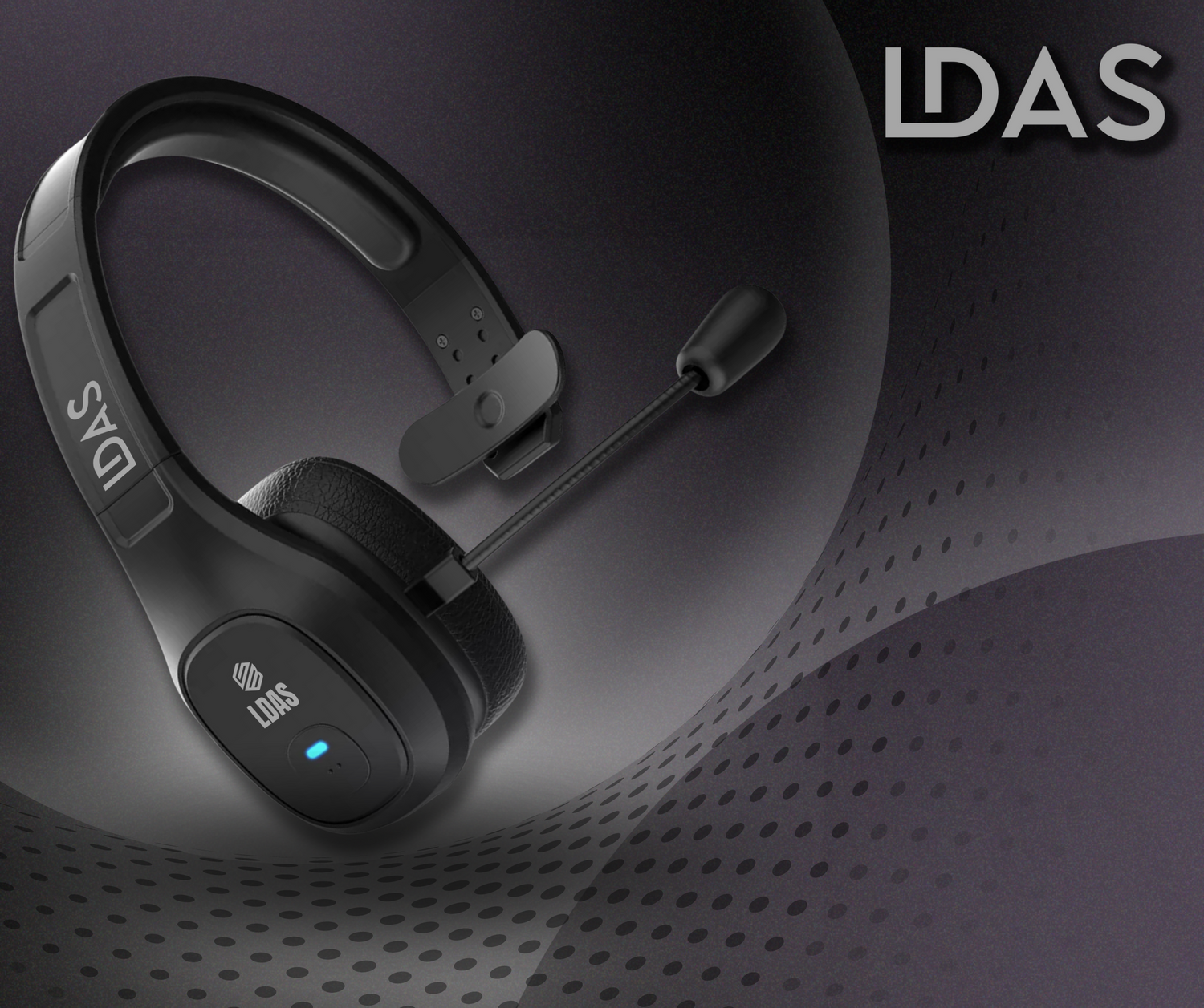 Wireless headset image with black background and Brans LOGO on top.