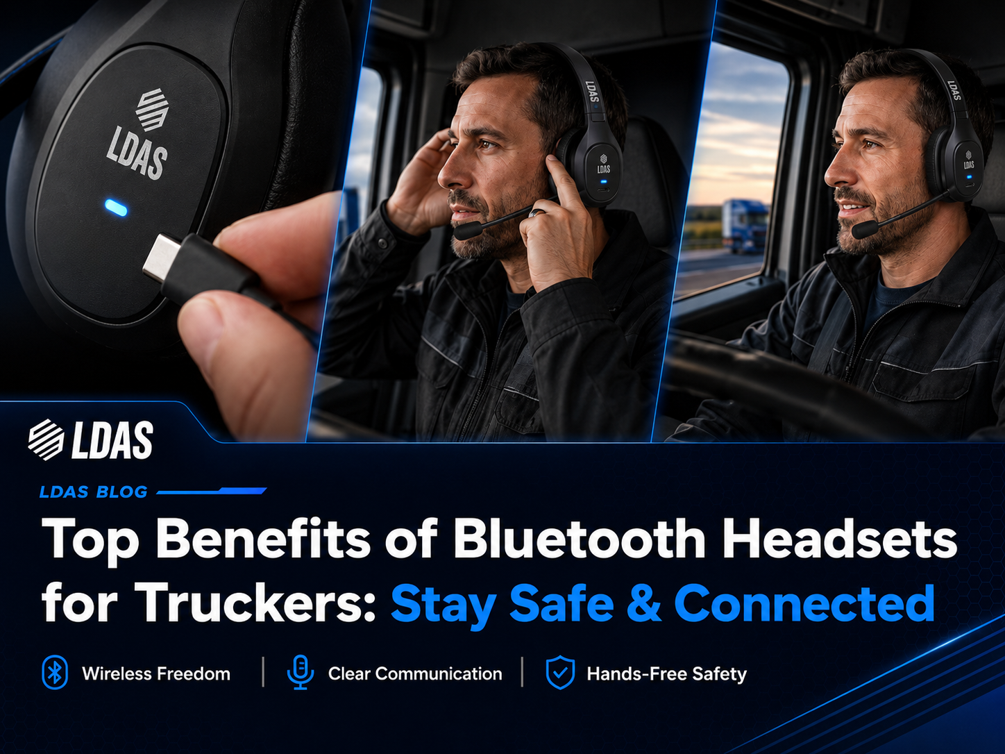 LDAS Bluetooth headset graphic showing a trucker wearing a headset for safe, hands-free communication.