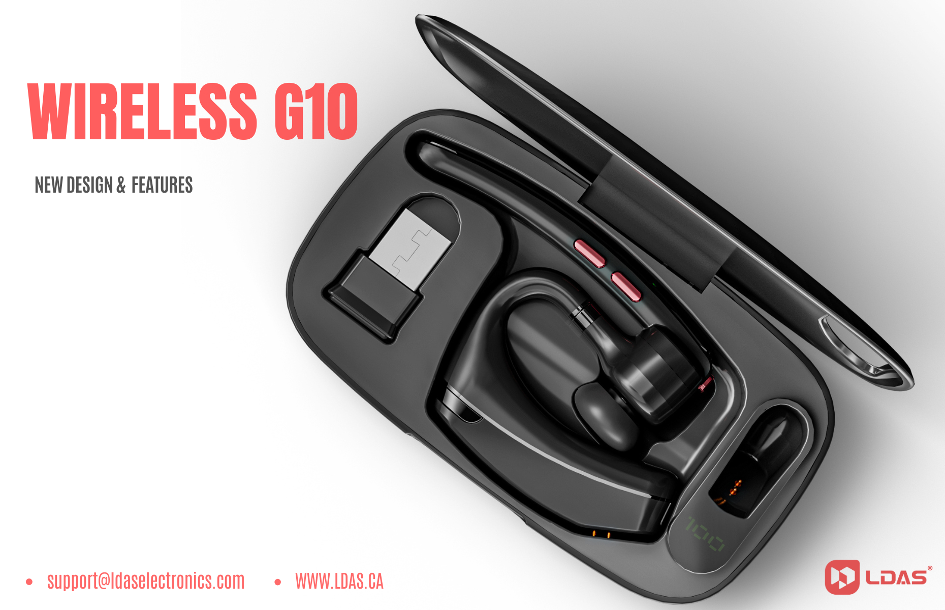 “LDAS G10 Wireless Bluetooth Headset – new ergonomic design with charging case and USB dongle, displayed in premium black finish. Text reads ‘Wireless G10 – New Design & Features’ with LDAS logo and contact info.”