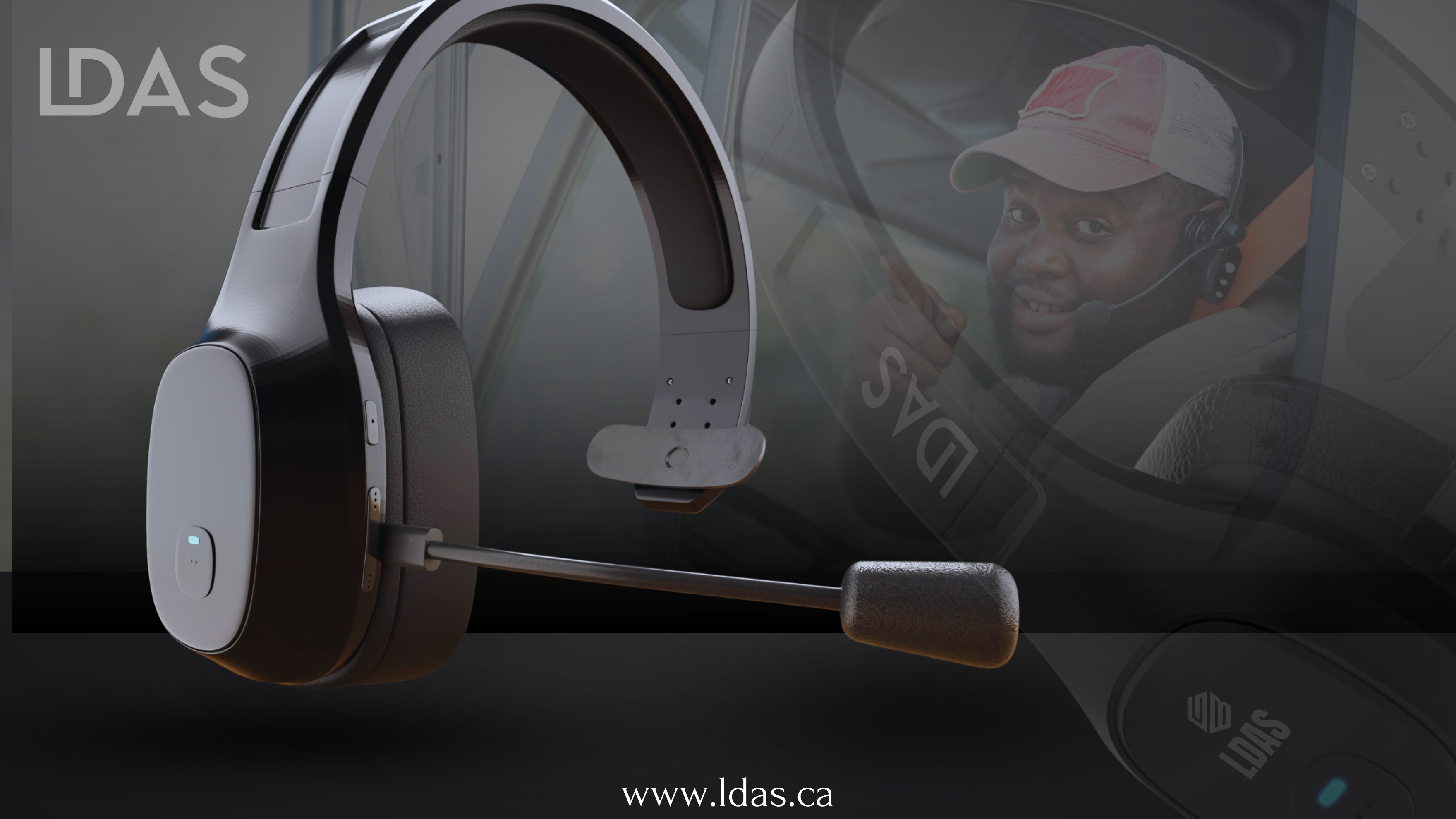 wireless headset from ldas for truck drivers for safe driveing and easy use . like as in this photo where driver wearing a headset and giving smile.