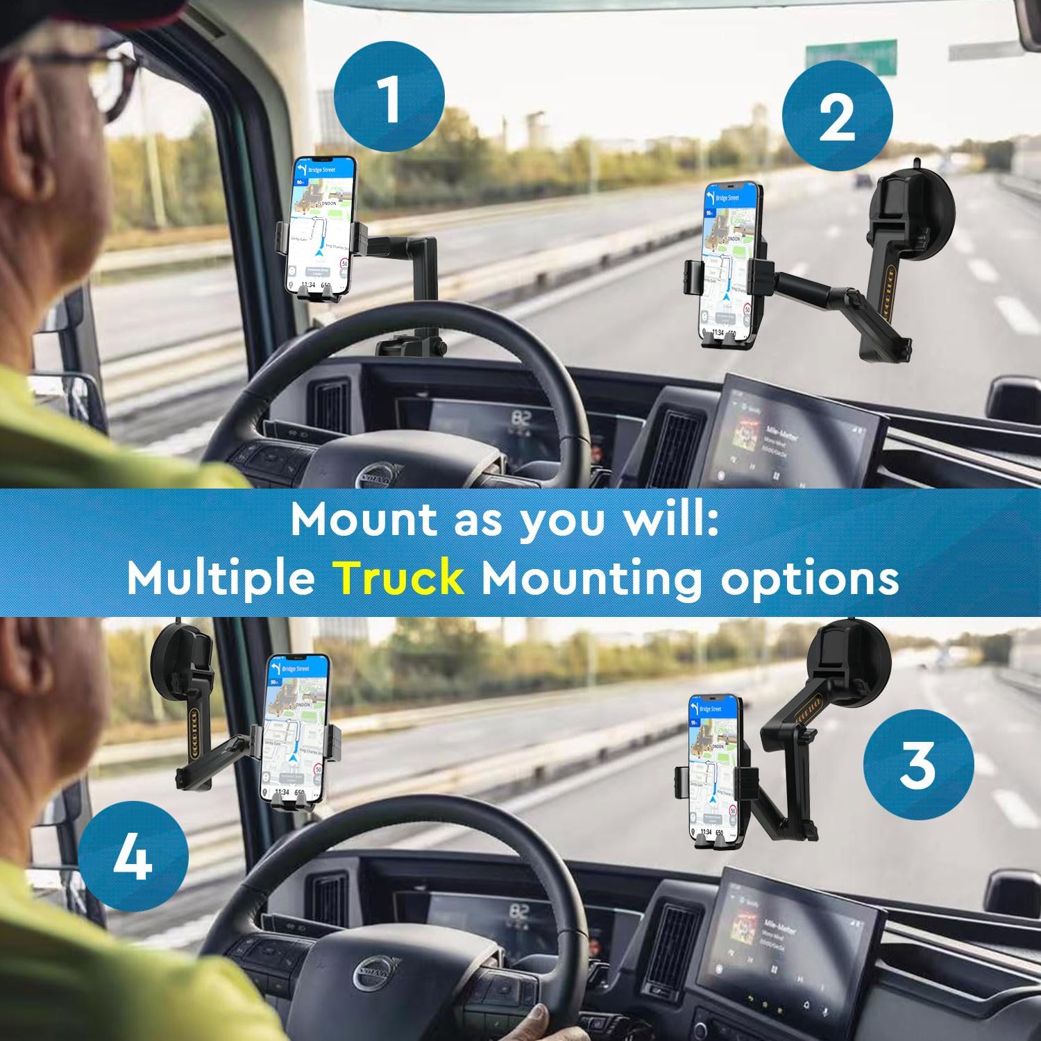LDAS Phone Mount for Truck, Truck Phone Holder Mount Heavy Duty, Dashboard Windshield Phone Holder for Semi Truck, Suction Cup Phone Mount for Truck Accessories, Compatible with iPhone/Samsung