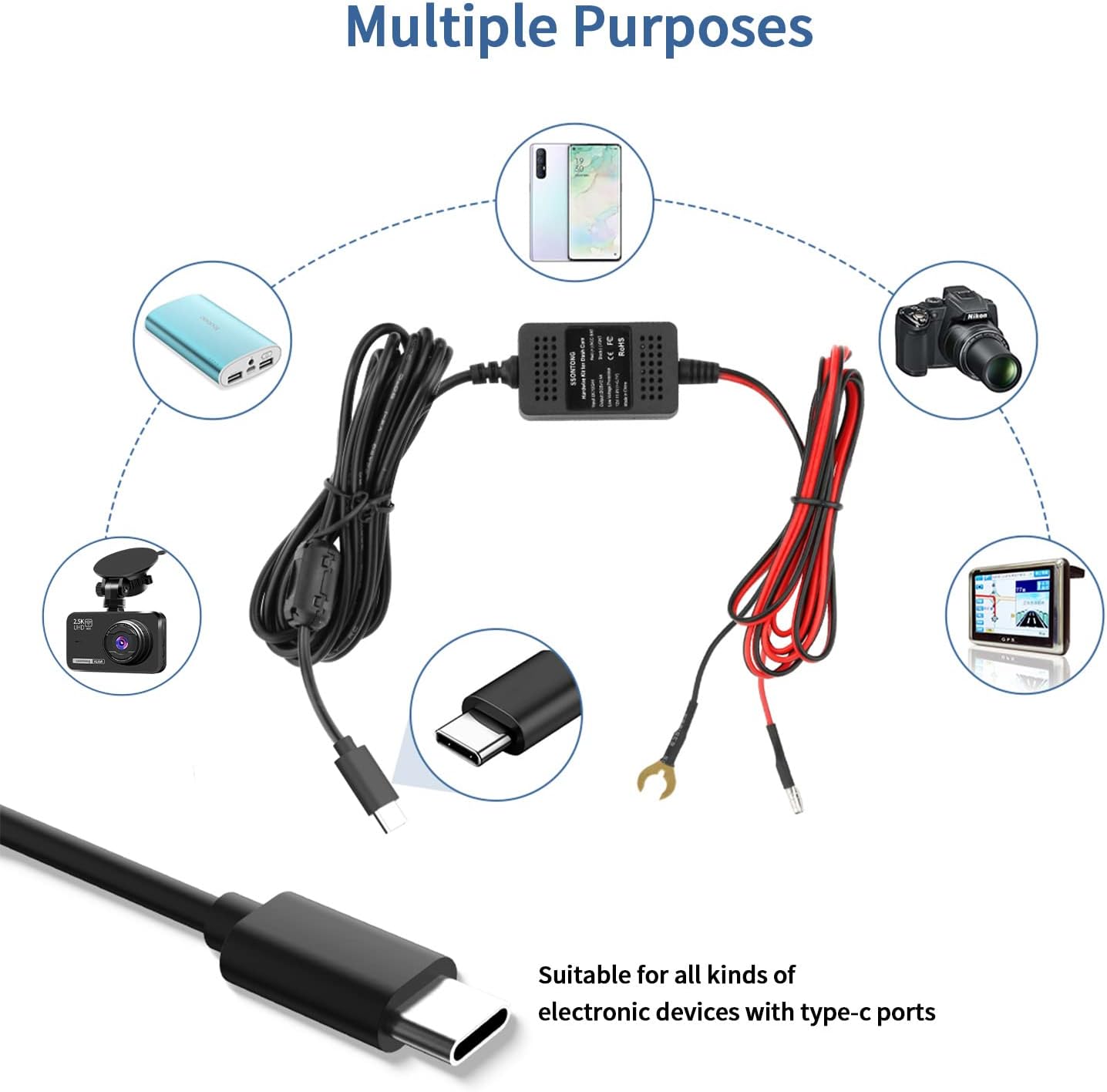 Dash Cam Hardwire Kit, Type-C USB C Hard Wire Kit 12V-24V to 5V Hardwire Kit with Low Voltage Protection 13ft Dash Cam Charger Power Cord for Dashcam GPS Power Supply Radar Detectors and More