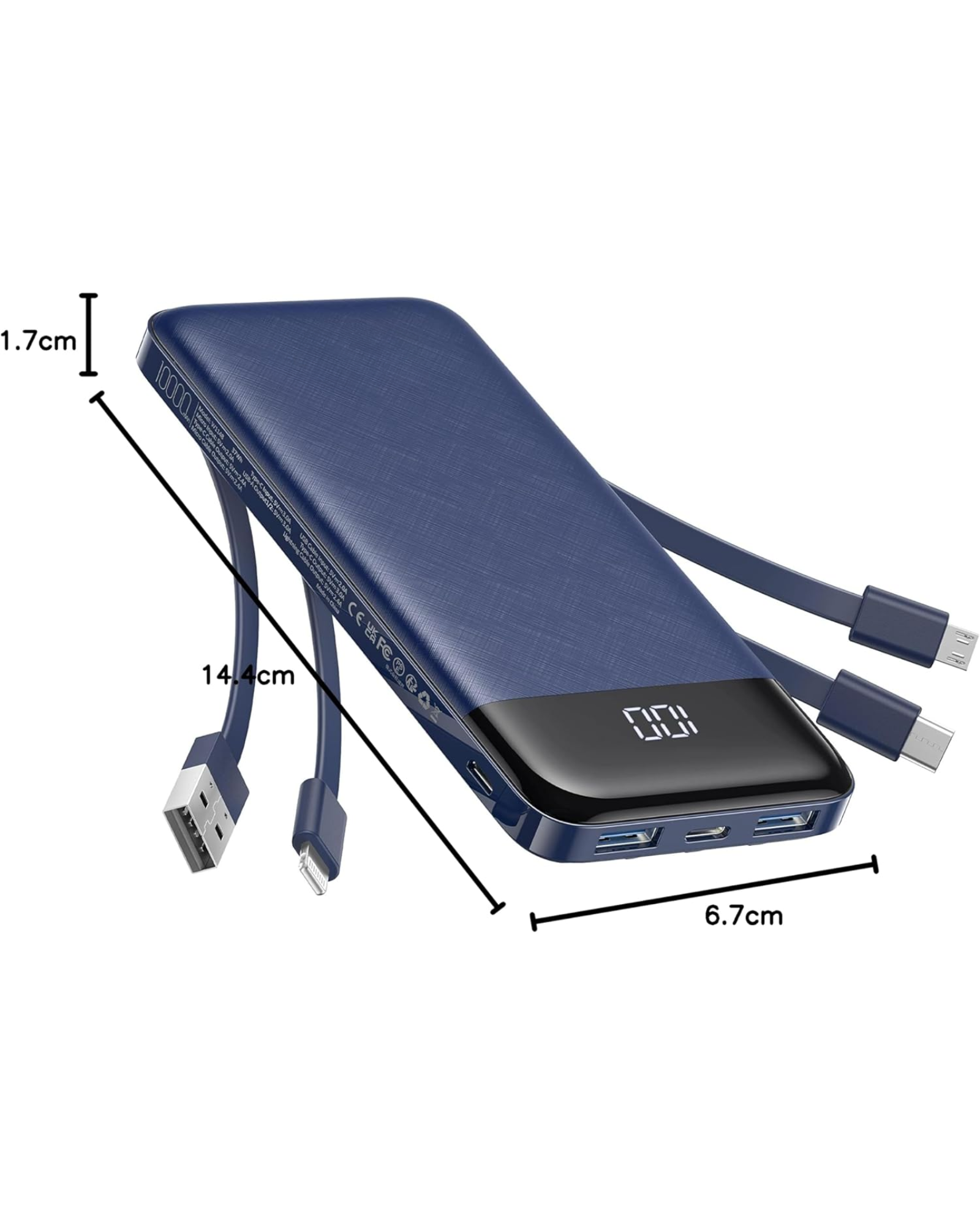 Power Bank -10000mAh with LCD Display with Built-In Cables – 6 Outputs, 3 Inputs, 3A Fast Charging Power Bank for Samsung, Google Pixel and More (Blue)