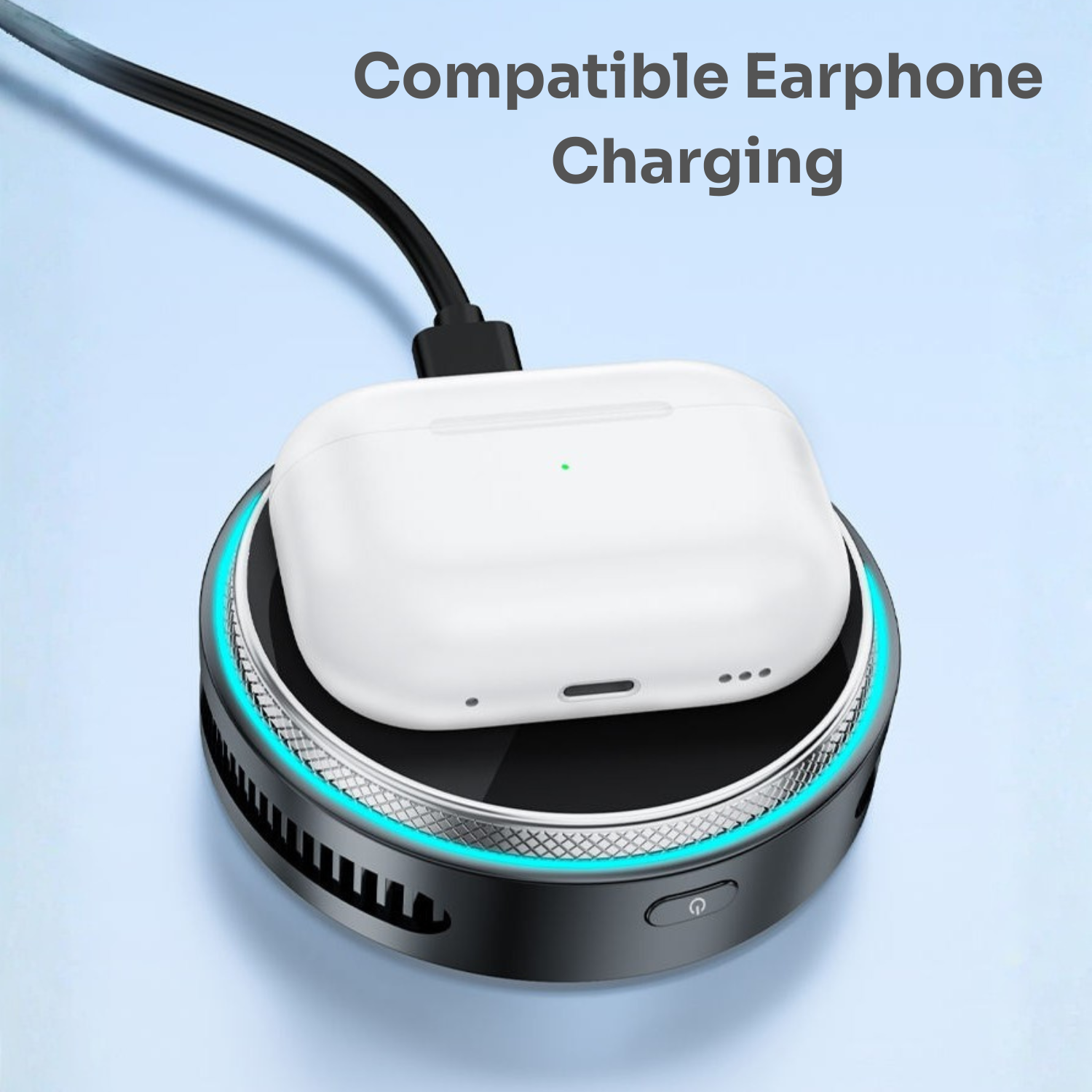 Black charging dock with a white earphone on a light blue background, text 'Compatible Earphone Charging' above.