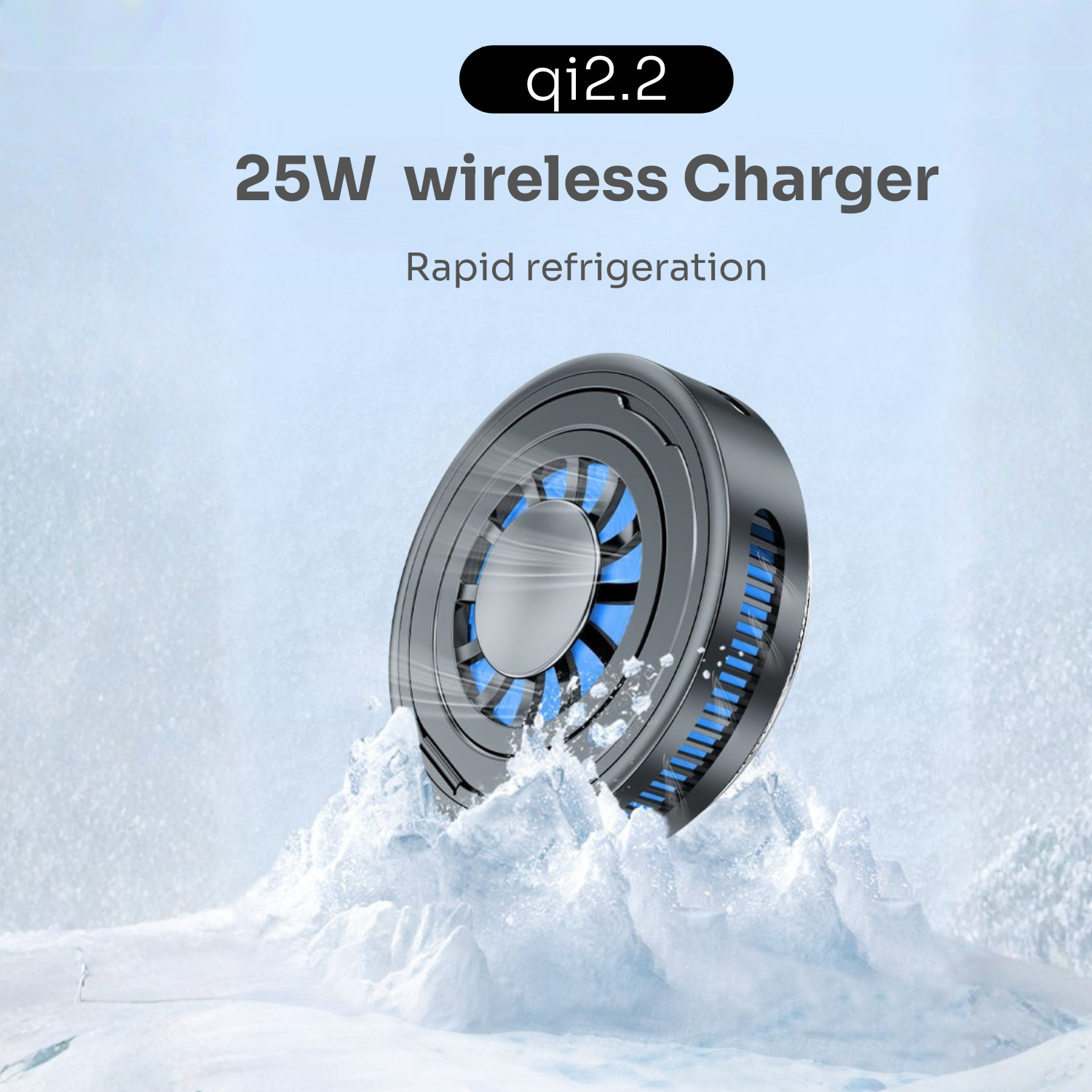 25W wireless charger with rapid refrigeration feature on a snowy background