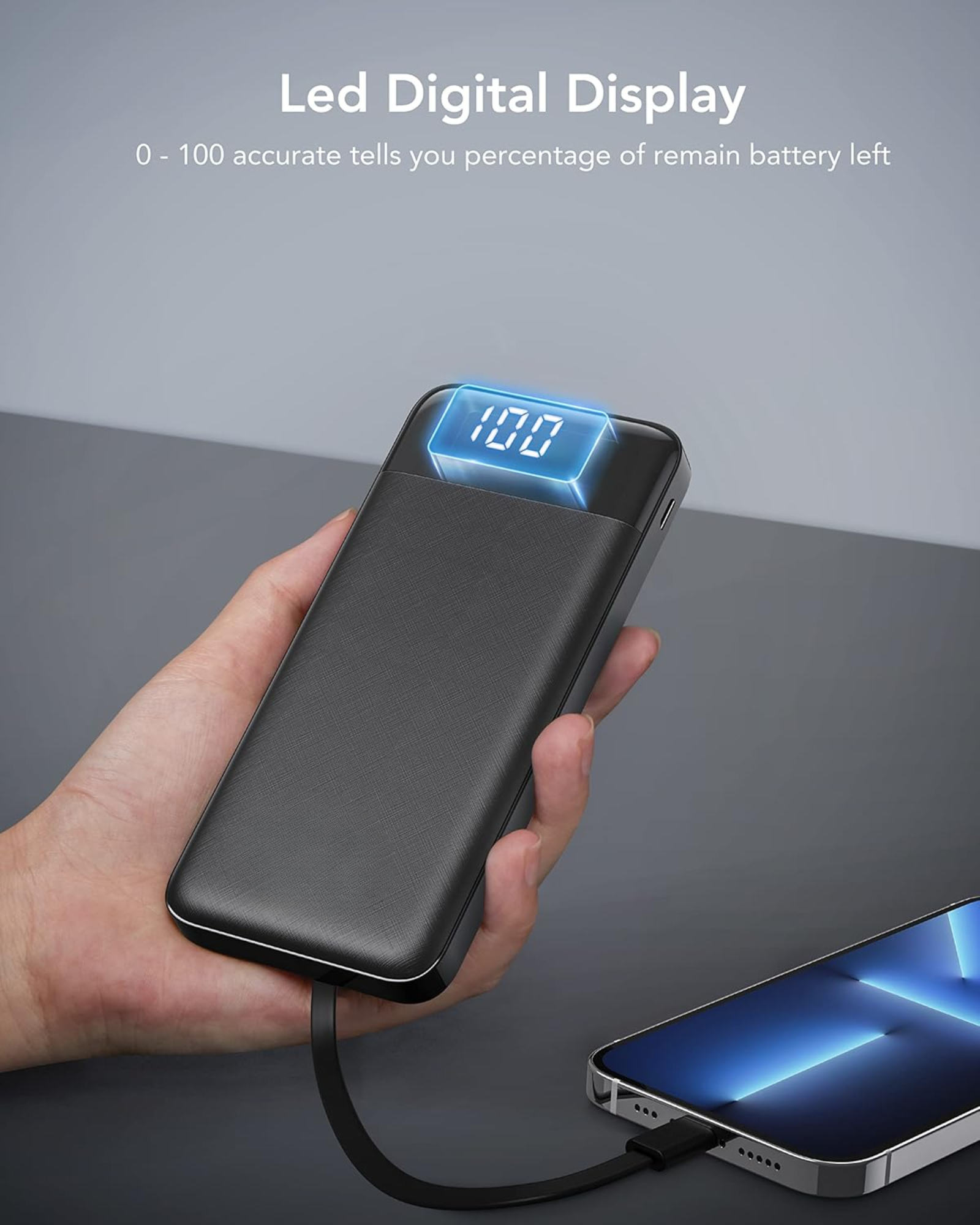 LDAS Power Bank 10000MAH with build-in Cables - Black