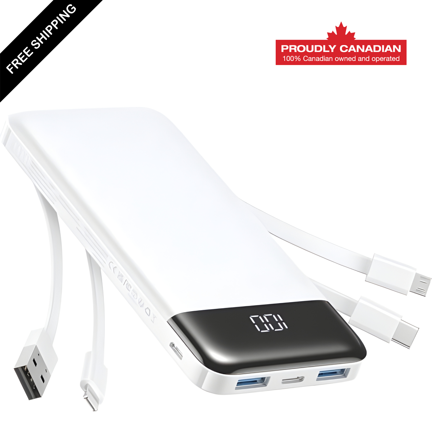 Portable Charger with Built in Cables, Power Bank with Cords Wires, Slim 10000mAh Travel Battery Pack 6 Outputs 3 Inputs 3A Fast Charging for Samsung Google Pixel (White)