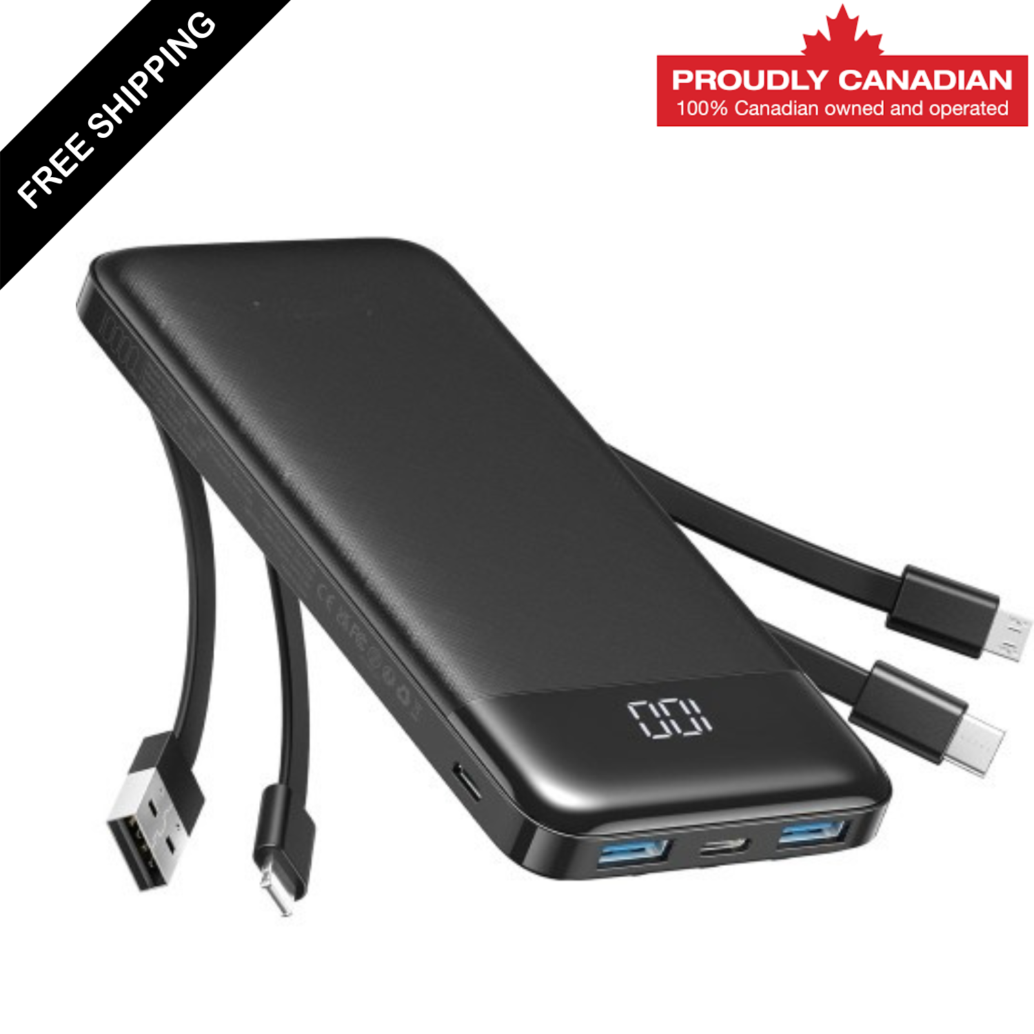 LDAS Power Bank 10000MAH with build-in Cables - Black