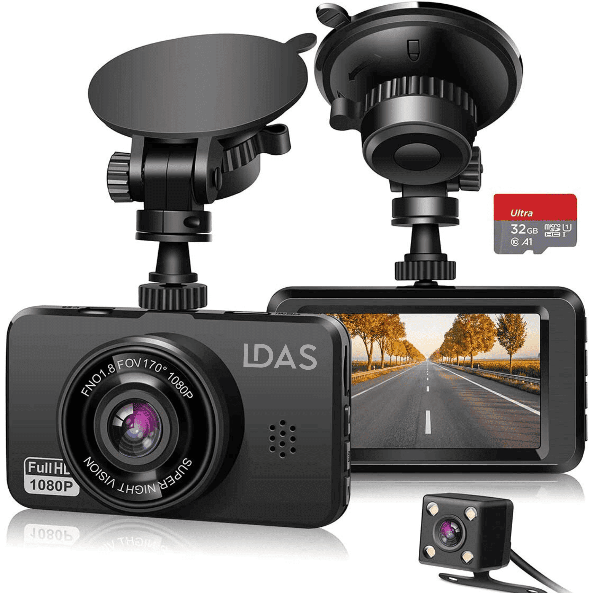 LDAS Dash Cam for Cars Front and Rear and SD Card Included 1080P Full HD in Car Camera Dual Lens Dashcam for Cars 170 Wide Angle with Loop Recording and G-Sensor - LDAS ELECTRONICS