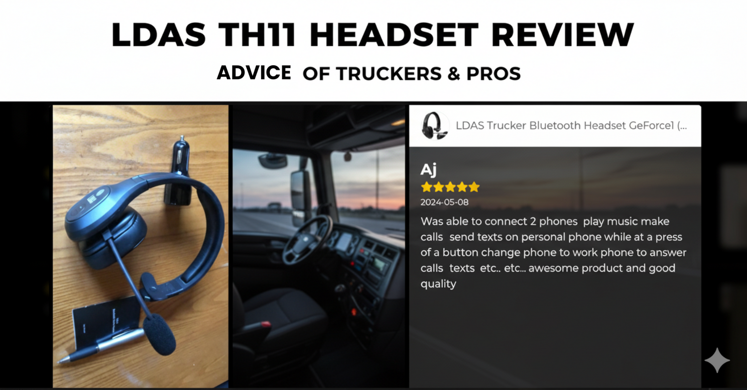 A collage featuring the LDAS TH11 headset on a table, a truck cabin interior, and a 5-star customer review from AJ praising its ability to connect to two phones.