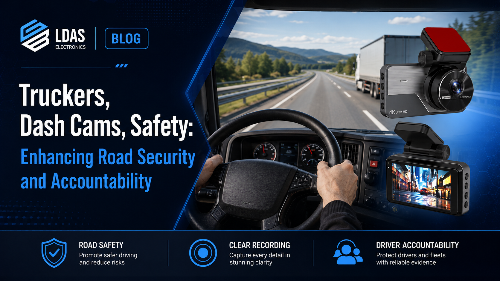 LDAS blog banner about truckers, dash cams, and safety, featuring a truck driver’s view of the road and two dash cam devices.