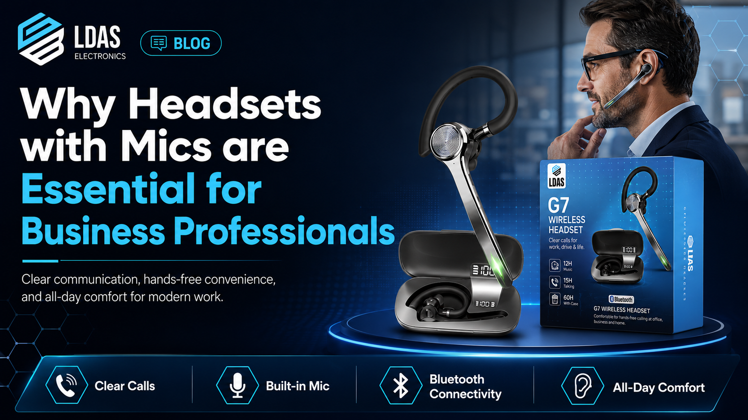LDAS blog banner about why headsets with mics are essential for business professionals, featuring a wireless headset, charging case, packaging, and a professional wearing the device.