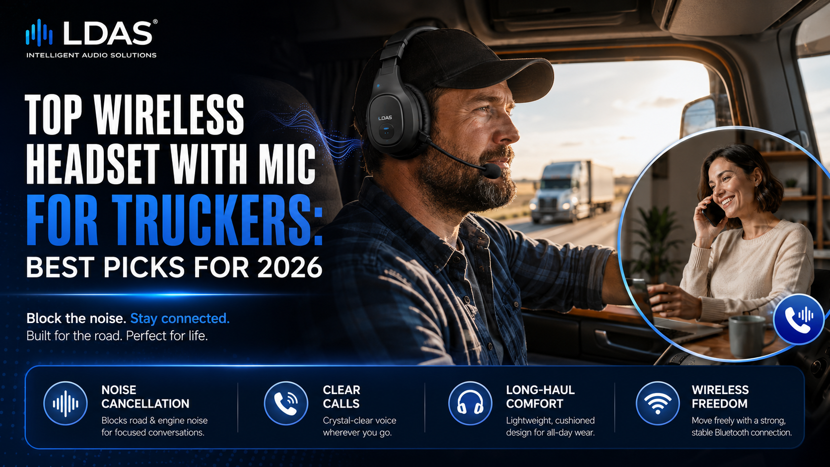 LDAS blog banner about top wireless headsets with mic for truckers, featuring a truck driver wearing a headset and a woman on a phone call.