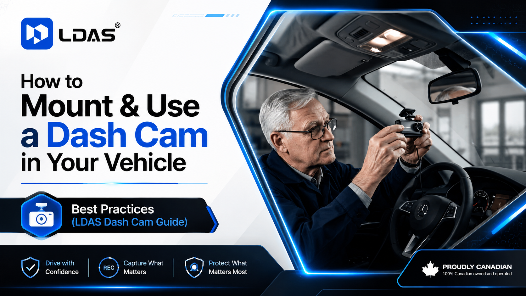 Elderly man installing an LDAS dash cam inside a car, featured in LDAS Dash Cam Installation step-by-step guide.