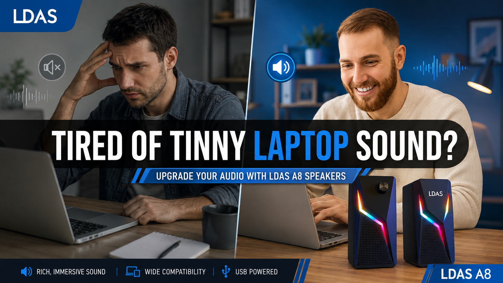 LDAS A8 speaker promotional graphic showing a frustrated laptop user with poor sound on one side and a smiling user with LDAS A8 speakers on the other, highlighting upgraded audio quality.