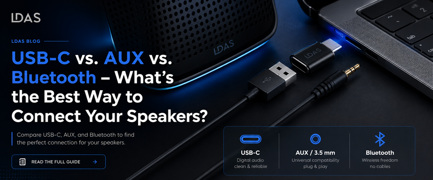 LDAS graphic comparing USB-C, AUX, and Bluetooth speaker connections, showing a laptop, speaker, USB cable, USB-C adapter, and 3.5 mm audio jack.