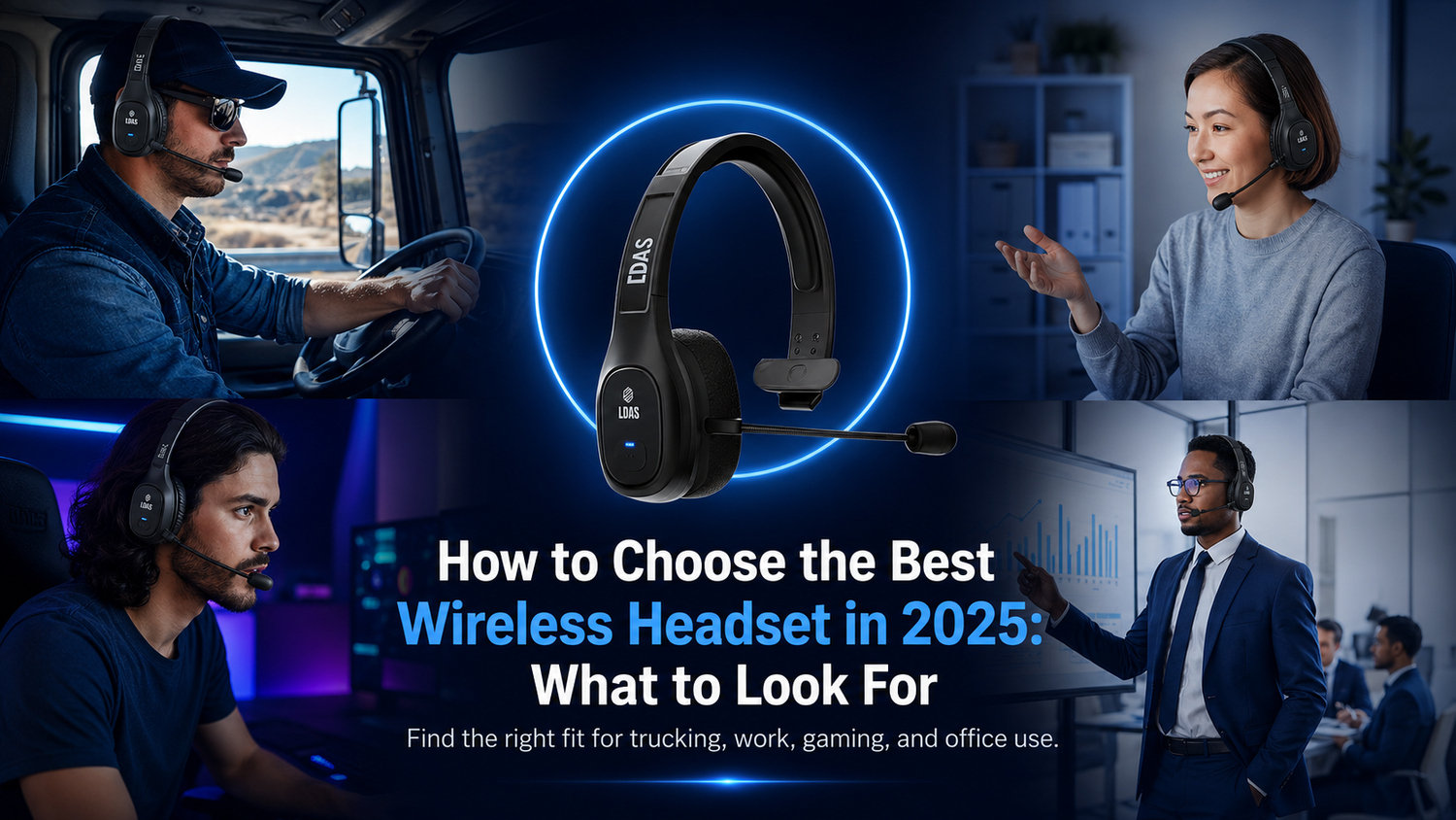 How to Choose the Best Wireless Headset in 2025 infographic showing LDAS headset options for truckers, gamers, zoom workers, and office staff.
