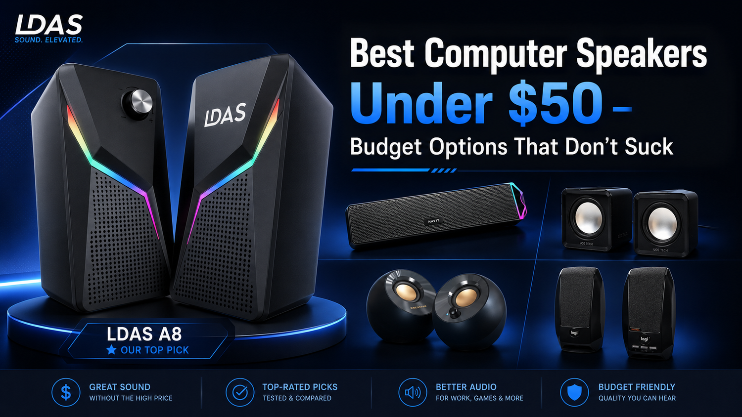 Best computer speakers under $50 comparison graphic featuring LDAS A8, Havit soundbar, Logitech speakers, and Creative Pebble budget speaker options.