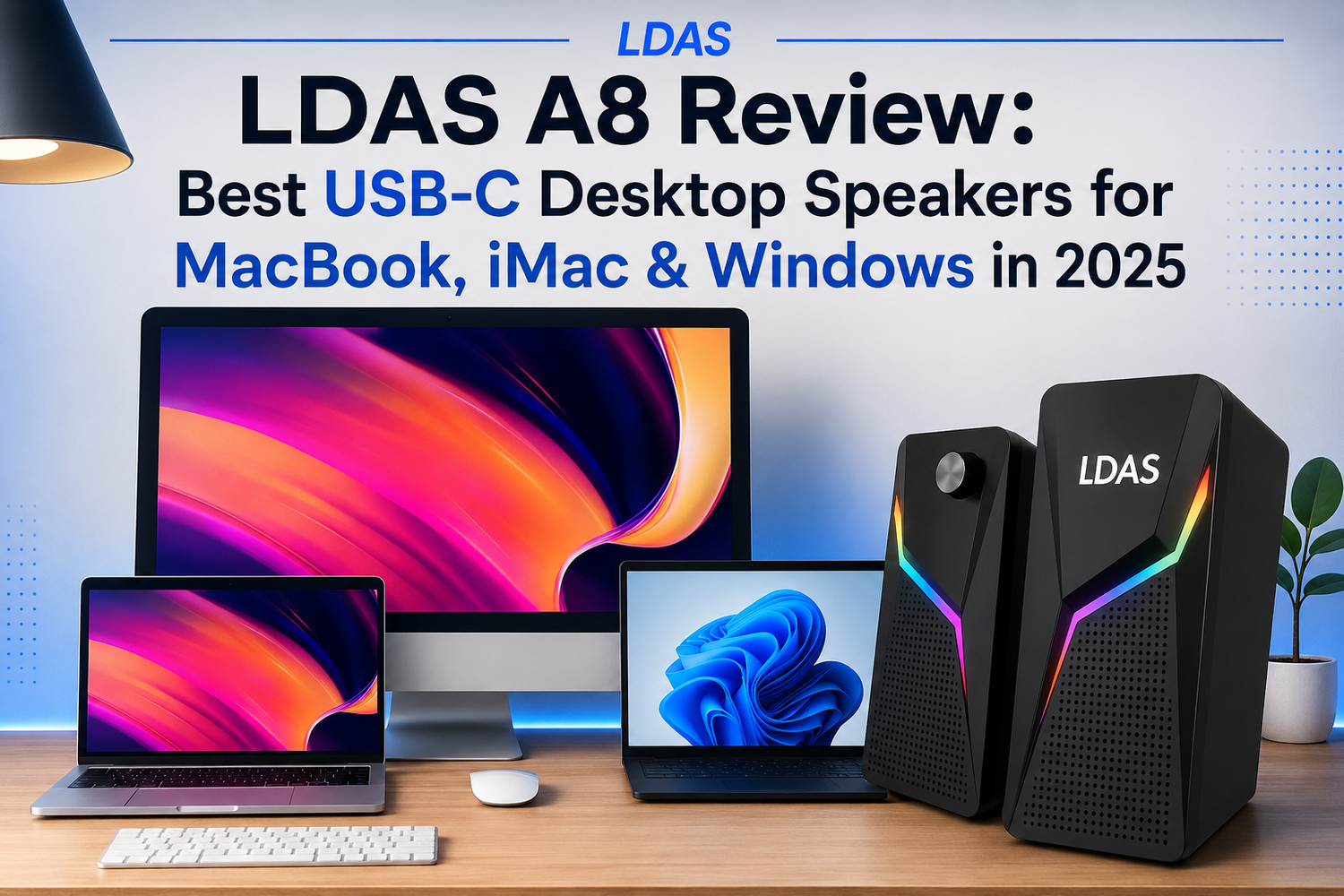LDAS A8 RGB desktop speakers on a wooden desk beside an iMac, MacBook, and Windows laptop, demonstrating cross-platform compatibility in a modern workspace.