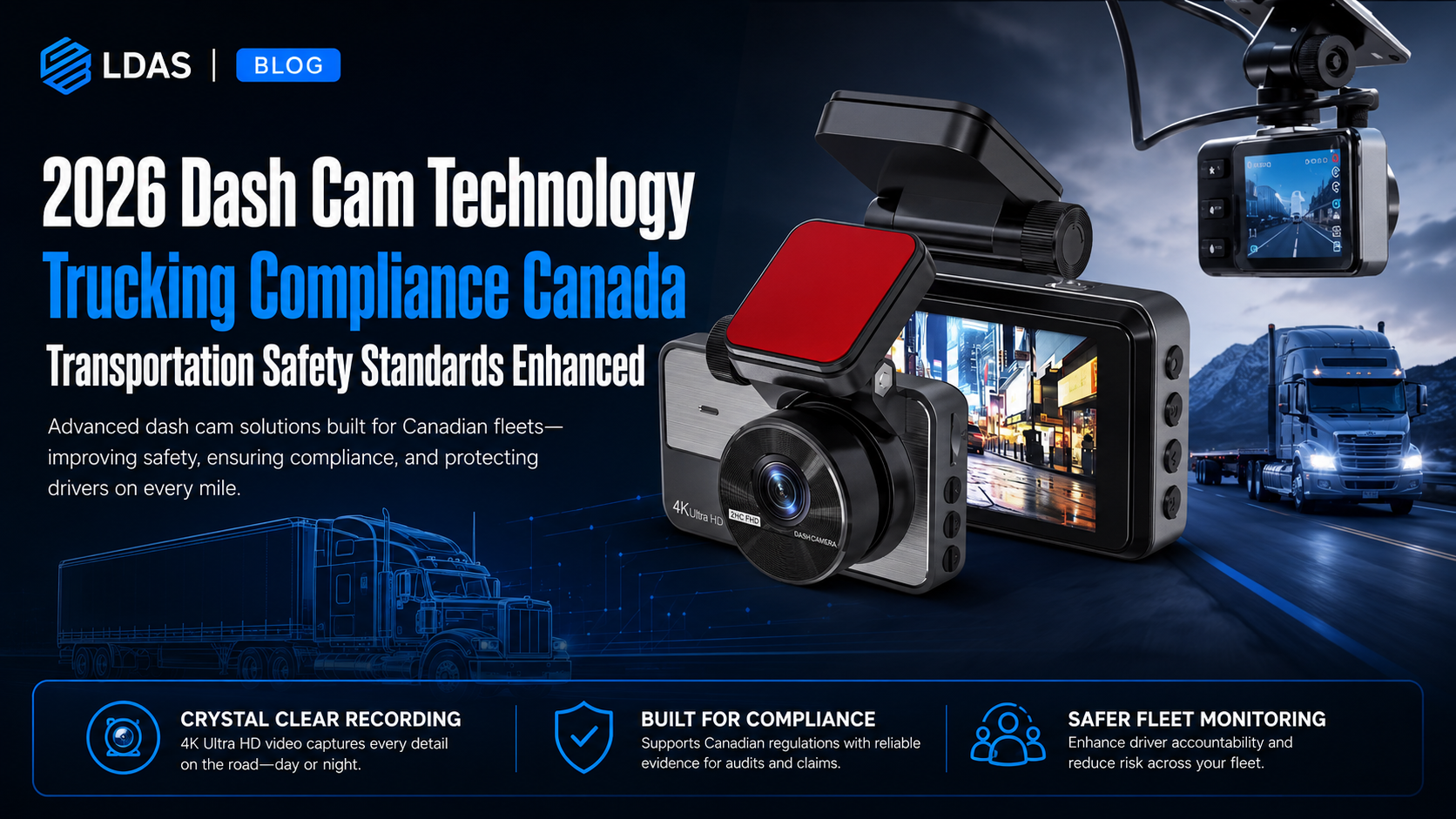 LDAS blog banner about 2026 dash cam technology for trucking compliance in Canada, featuring multiple dash cam devices and a semi-truck on a highway.