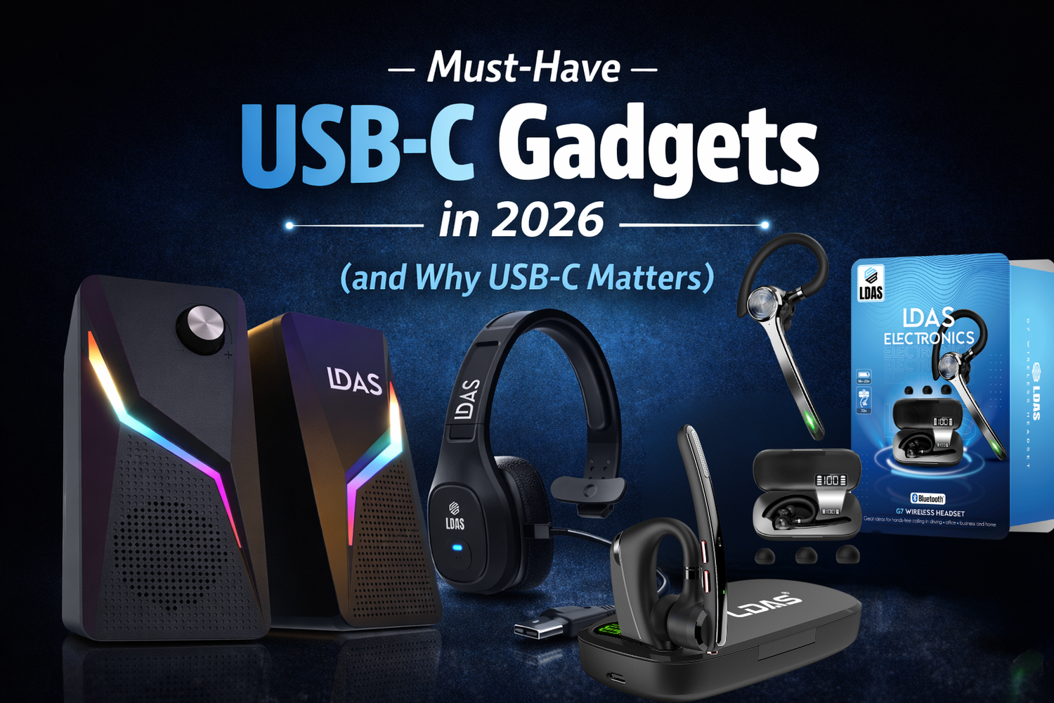 LDAS Electronics lineup of must-have USB-C gadgets in 2026, including RGB desktop speakers, TH11 trucker headset, G7 & G10 wireless earbuds, and USB-C Bluetooth earpieces with packaging.