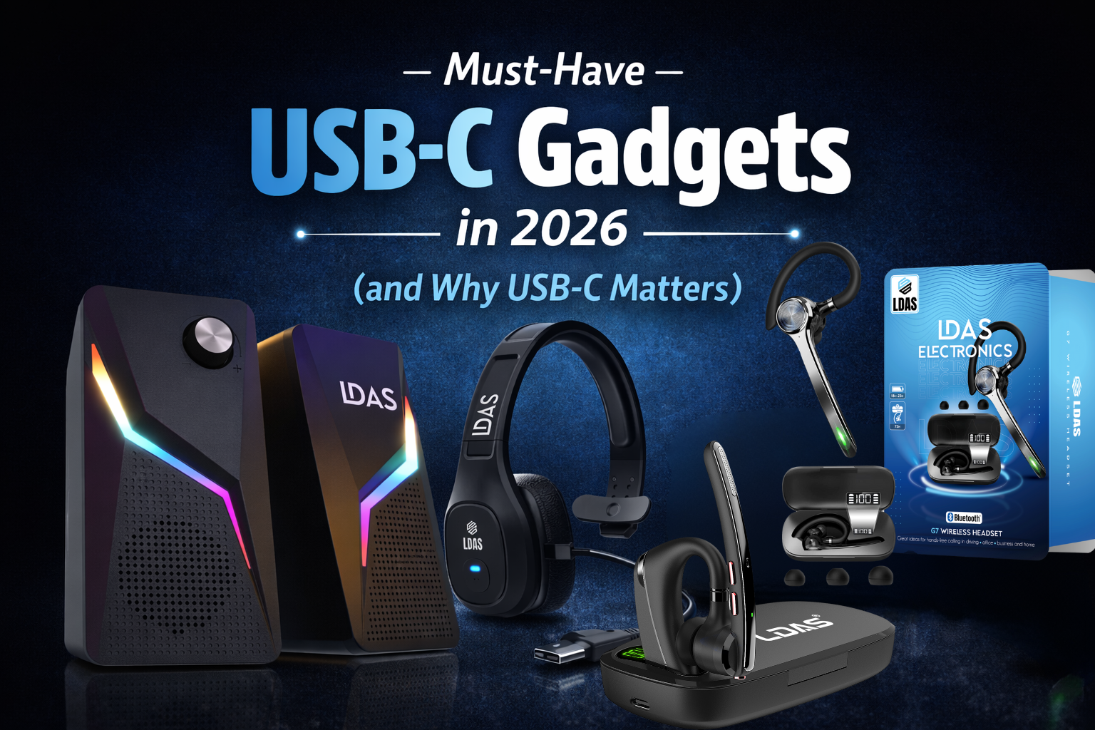 LDAS Electronics lineup of must-have USB-C gadgets in 2026, including RGB desktop speakers, TH11 trucker headset, G7 & G10 wireless earbuds, and USB-C Bluetooth earpieces with packaging.
