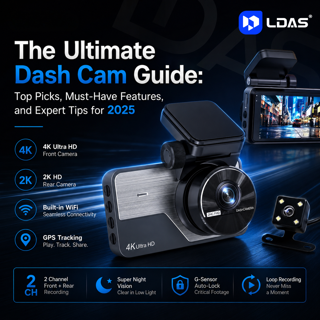 LDAS dash cam guide graphic showing 2-channel recording, 4K front camera, 2K rear camera, Wi-Fi, GPS, G-sensor, and loop recording.