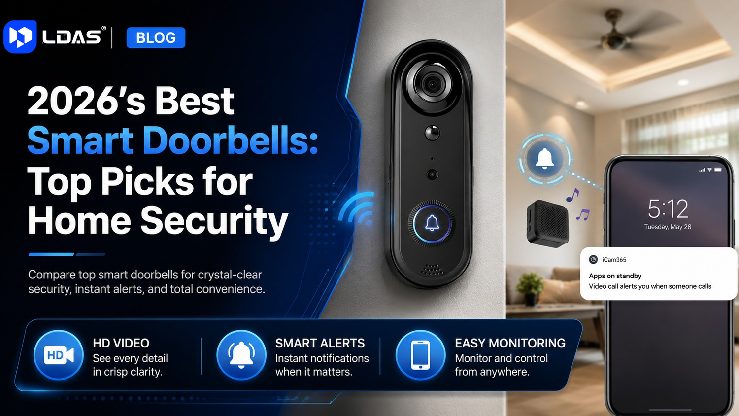 LDAS blog banner about 2026’s best smart doorbells, featuring a smart video doorbell, smartphone alerts, and home security icons.
