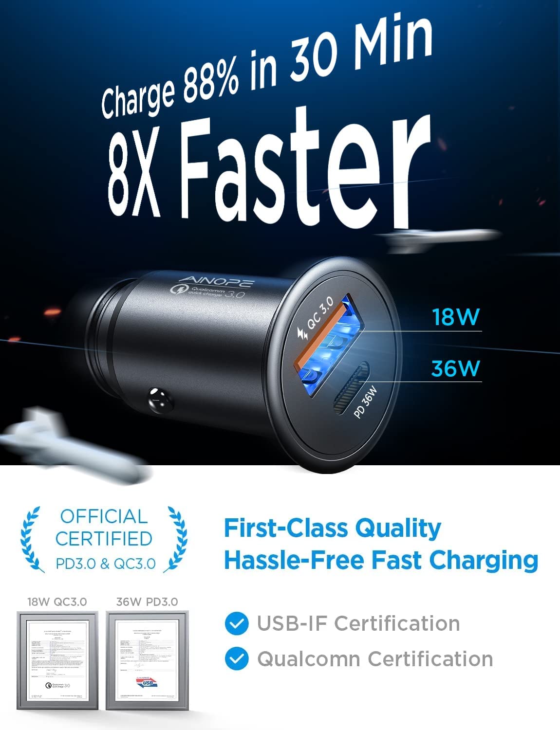 LDAS USB C Car Charger, 30W iPhone Car Charger Fast Charging [Mini Metal]