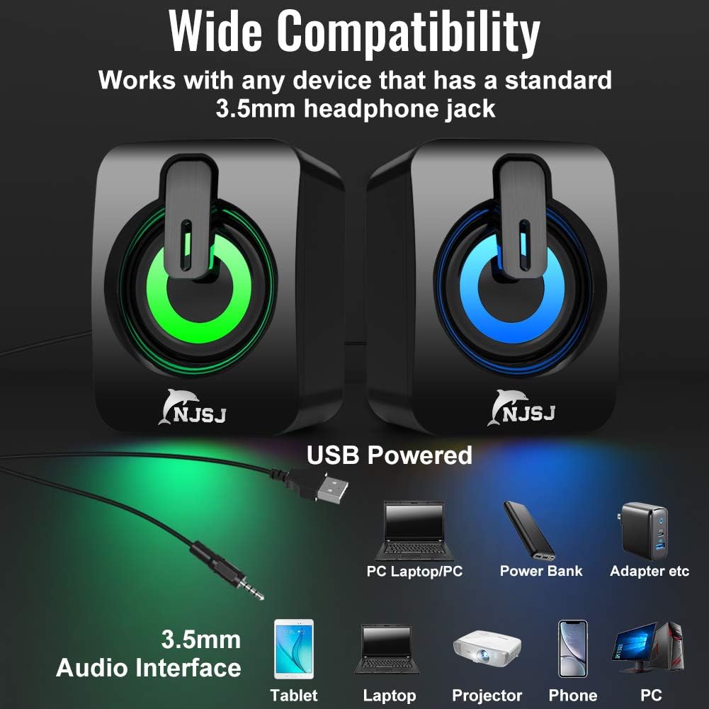 NJSJ Computer Speakers, 2.0 RGB Gaming PC Speakers for Monitor, Small Wired Desktop Speaker,USB Powered,3.5 mm AUX-in, Volume Control,LED Light Gaming Speaker for Laptop, Tablets, Cellphone