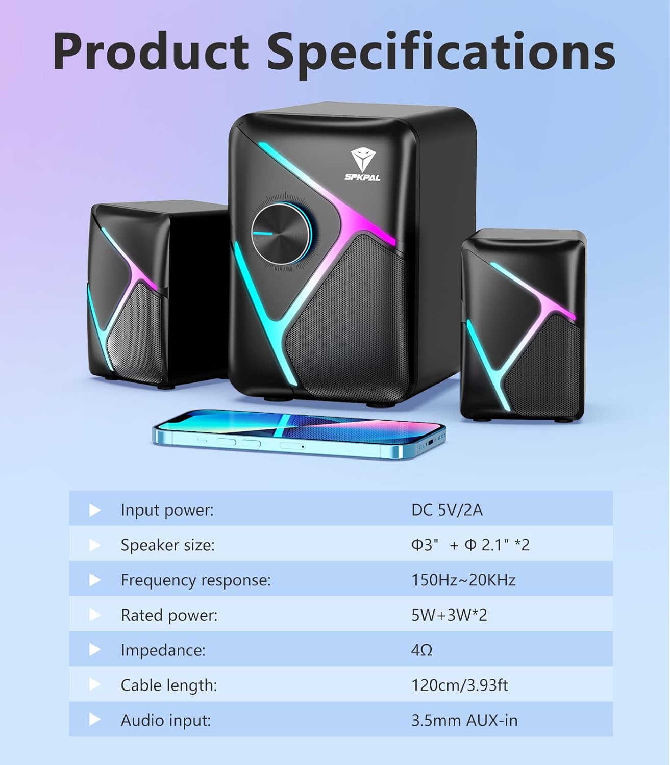 SPKPAL 2.1 Computer Speakers for Desktop with Subwoofer, Dynamic RGB PC Speakers with 11W Stereo Sound, USB Powered Multimedia Speaker System with 3.5mm AUX-in for Laptop, Tablet, Monitor, Phone