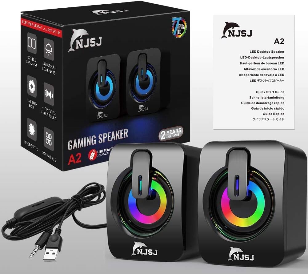 NJSJ Computer Speakers, 2.0 RGB Gaming PC Speakers for Monitor, Small Wired Desktop Speaker,USB Powered,3.5 mm AUX-in, Volume Control,LED Light Gaming Speaker for Laptop, Tablets, Cellphone