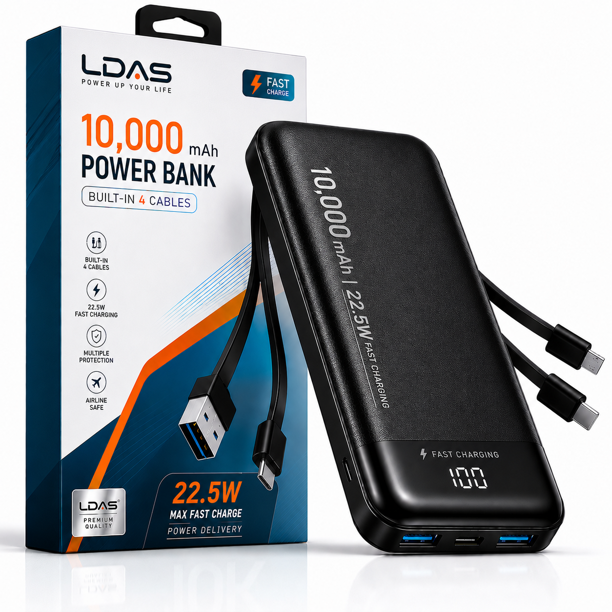 LDAS Power Bank 10000MAH with build-in Cables - Black