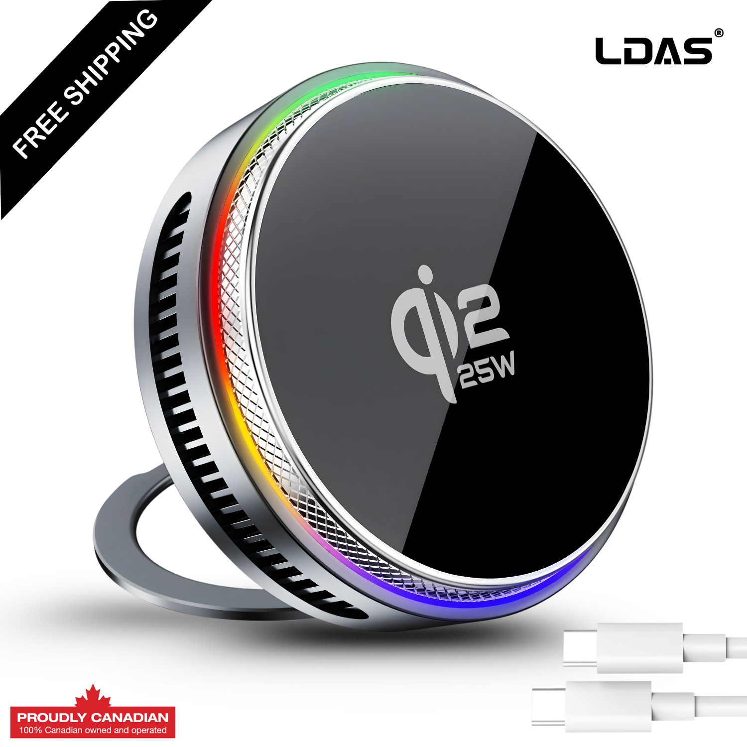 Wireless charger with 'Qi' and '25W' branding on a white background, featuring the LDAS logo.
