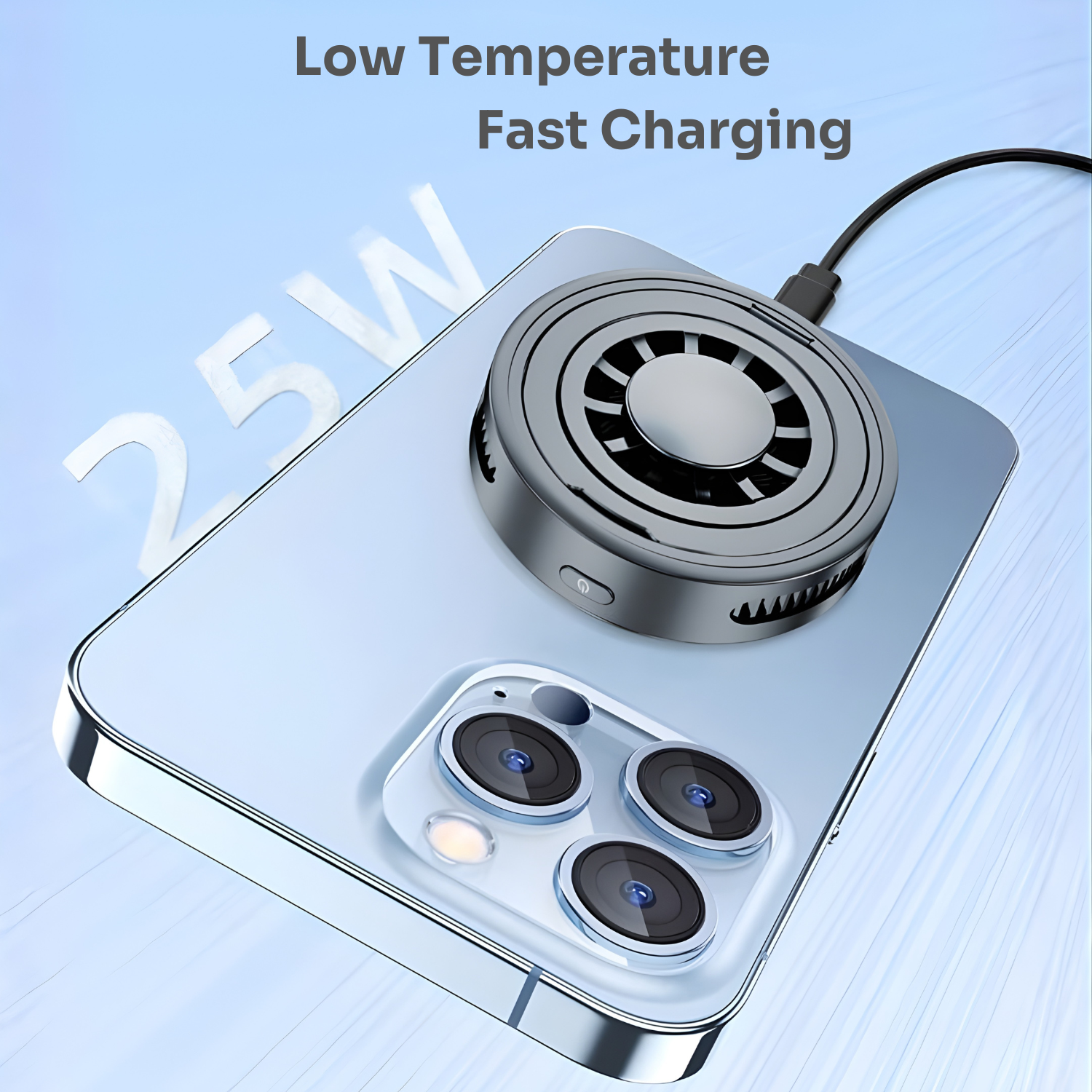 Phone with a cooling pad on a light blue background, highlighting low temperature fast charging.